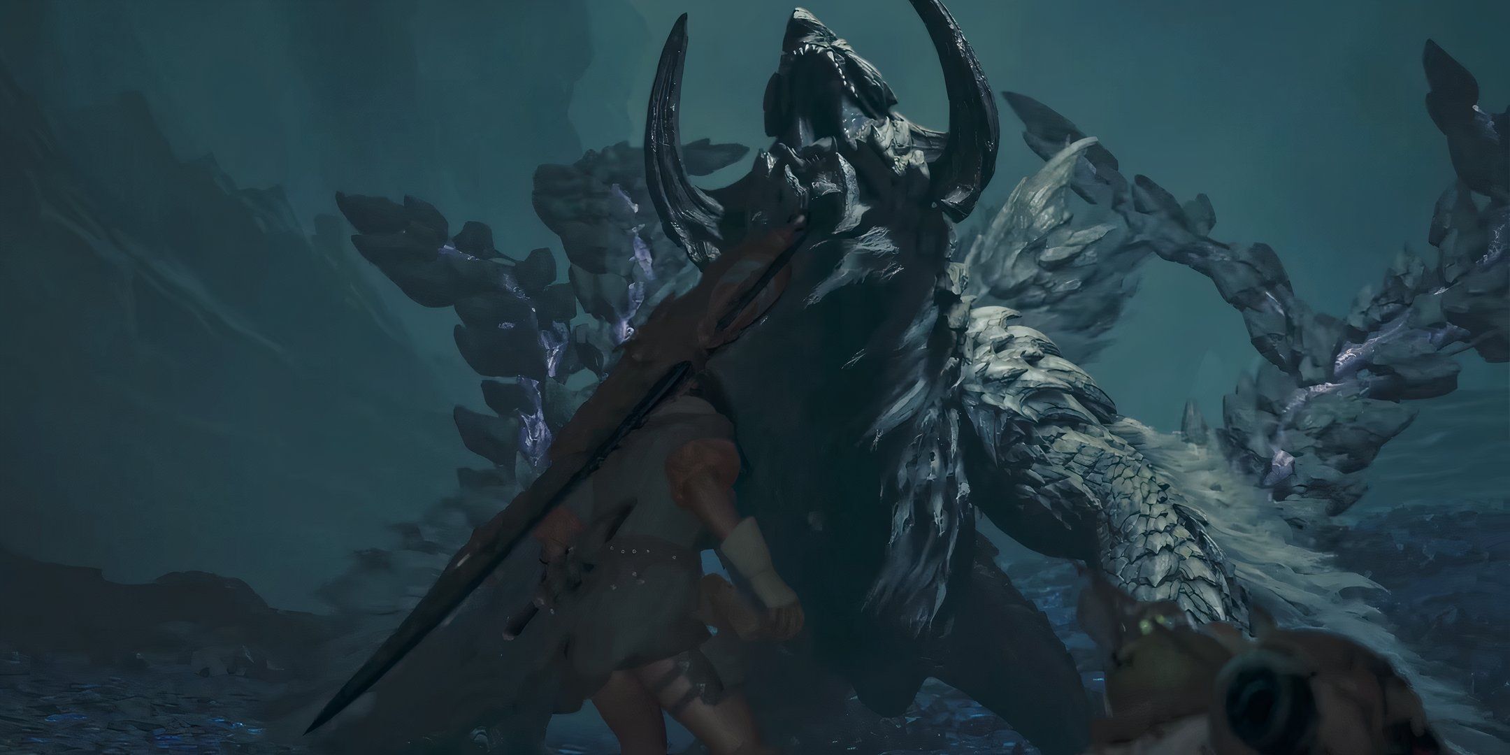 Hunter staring at an arkveld in monster hunter wilds.