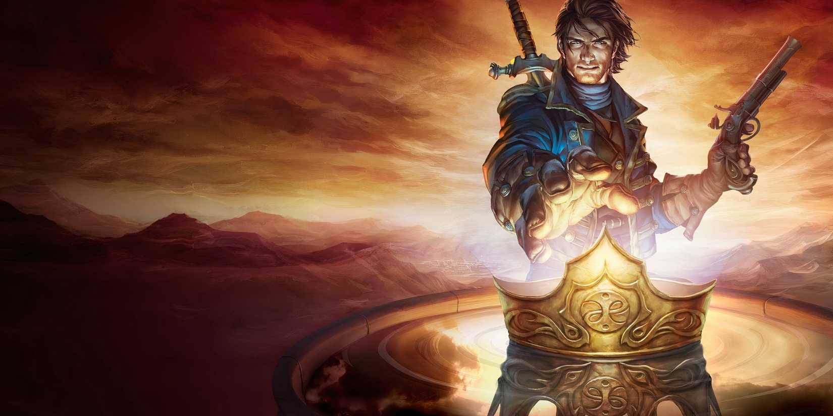 The protagonist reaches for the crown while holding the weapon and sword on his back in Fable 3.