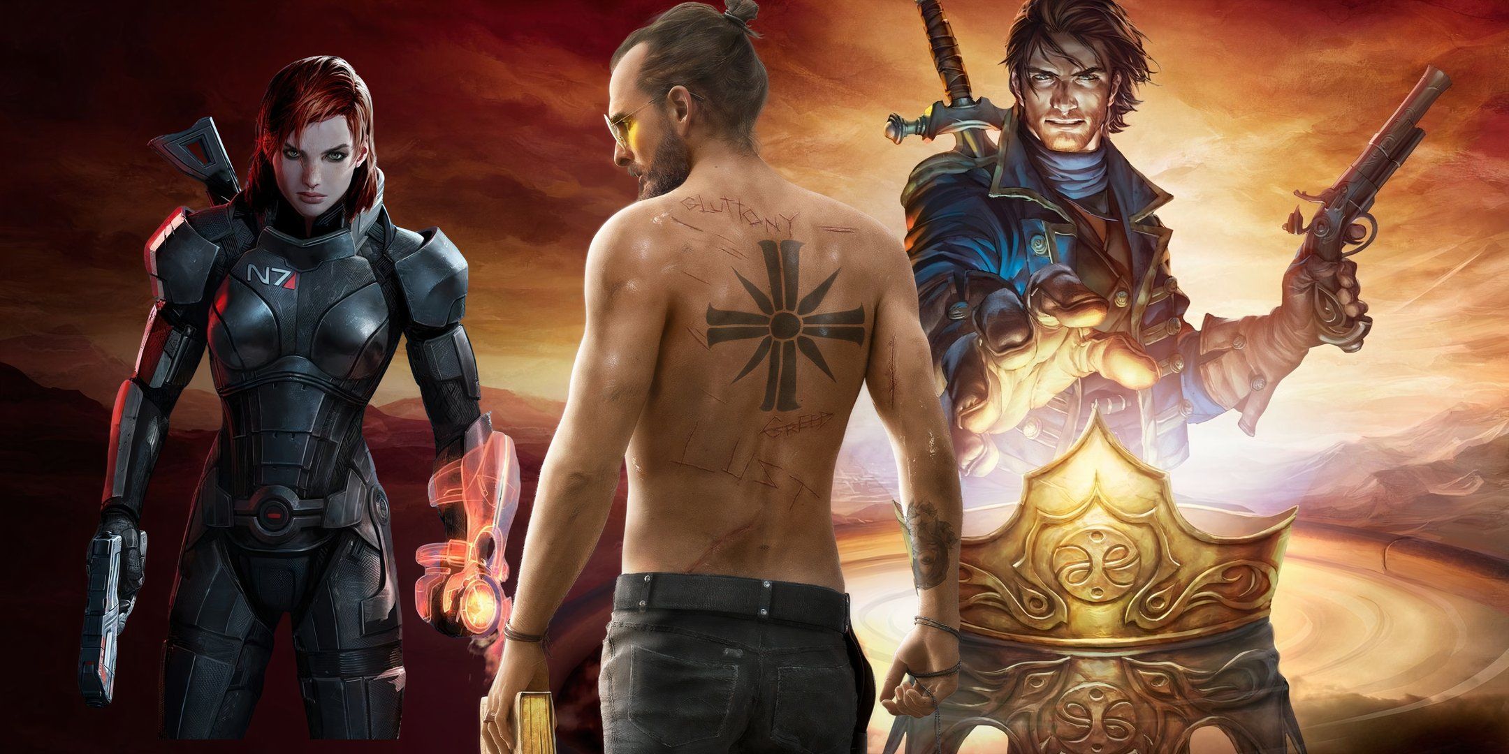 Femsep on the left, Joseph Seed in the middle, and the hero of Fable 3 against a dark orange sky on the right.