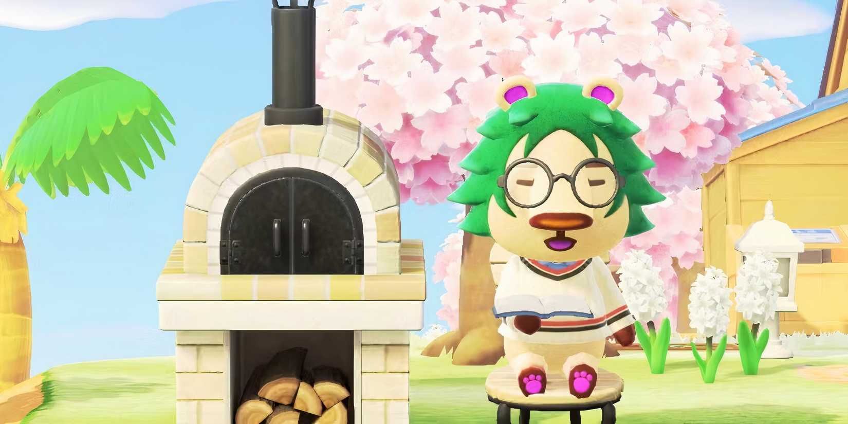Leopold sits outside beside a fireplace in Animal Crossing New Horizons.