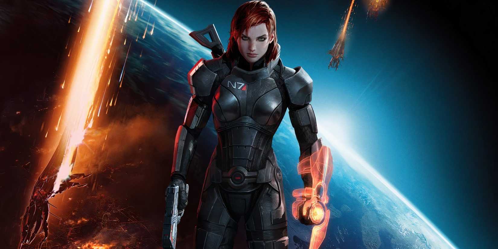 Femshep stands in the middle while earth is getting overran by the Reapers in the background in Mass Effect 3.