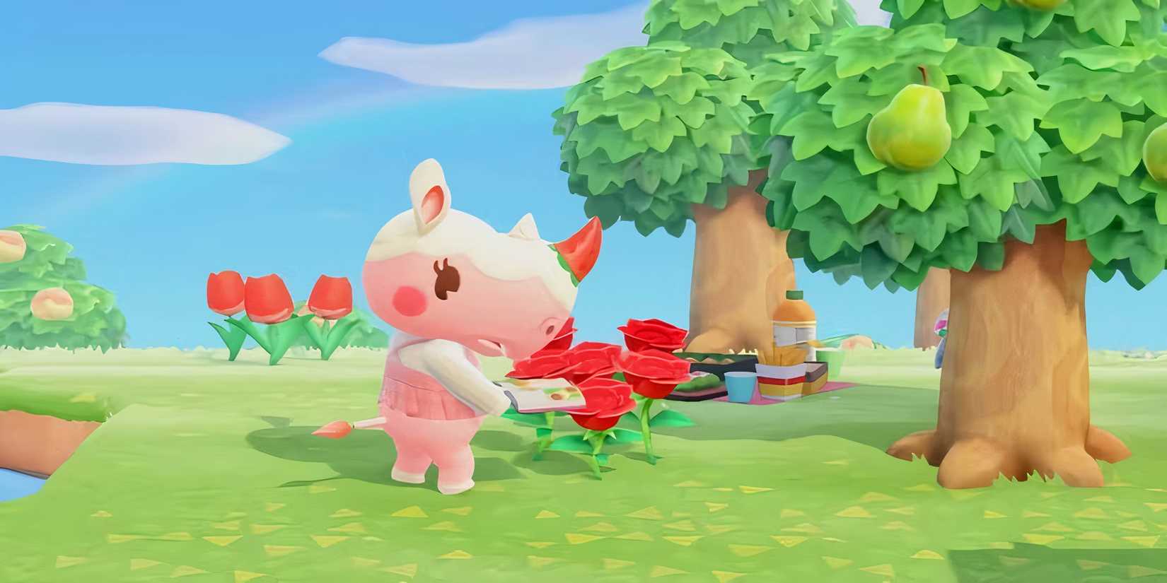 Merengue waters flowers in Animal Crossing New Horizons.