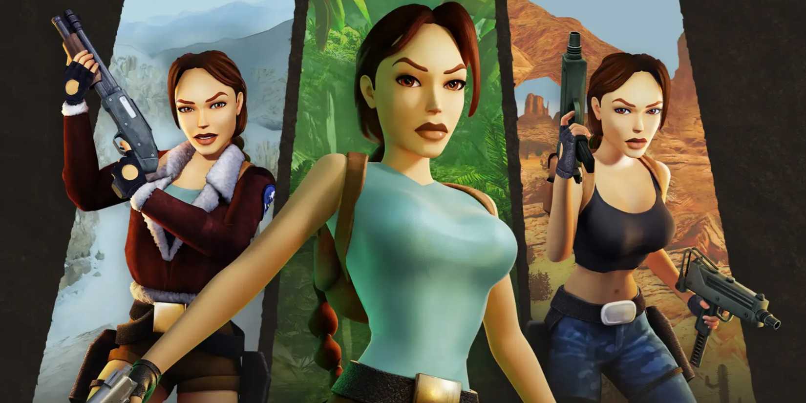 three versions of lara croft from the remastered trilogy of the original games.