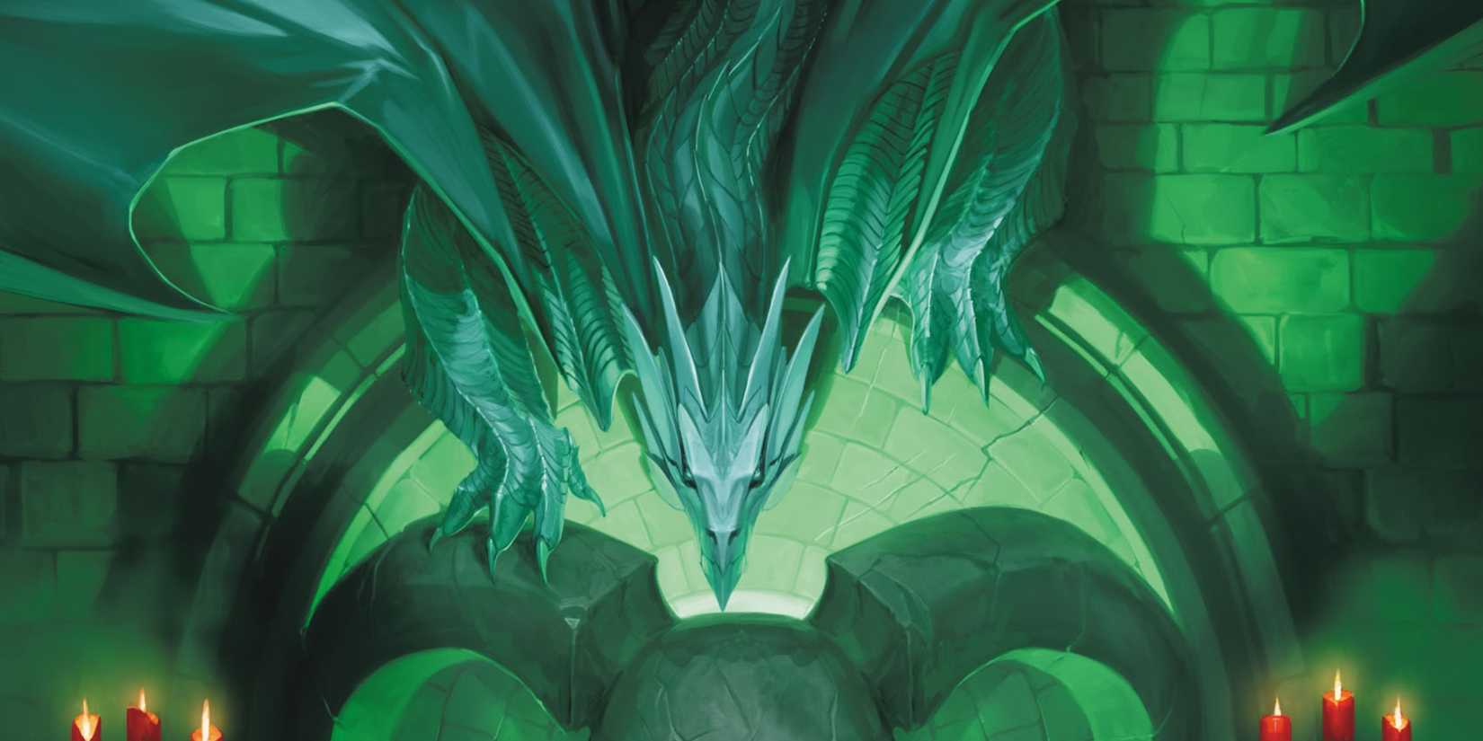 A Silver Dragon hangs above the wall where a skull is held in dnd.