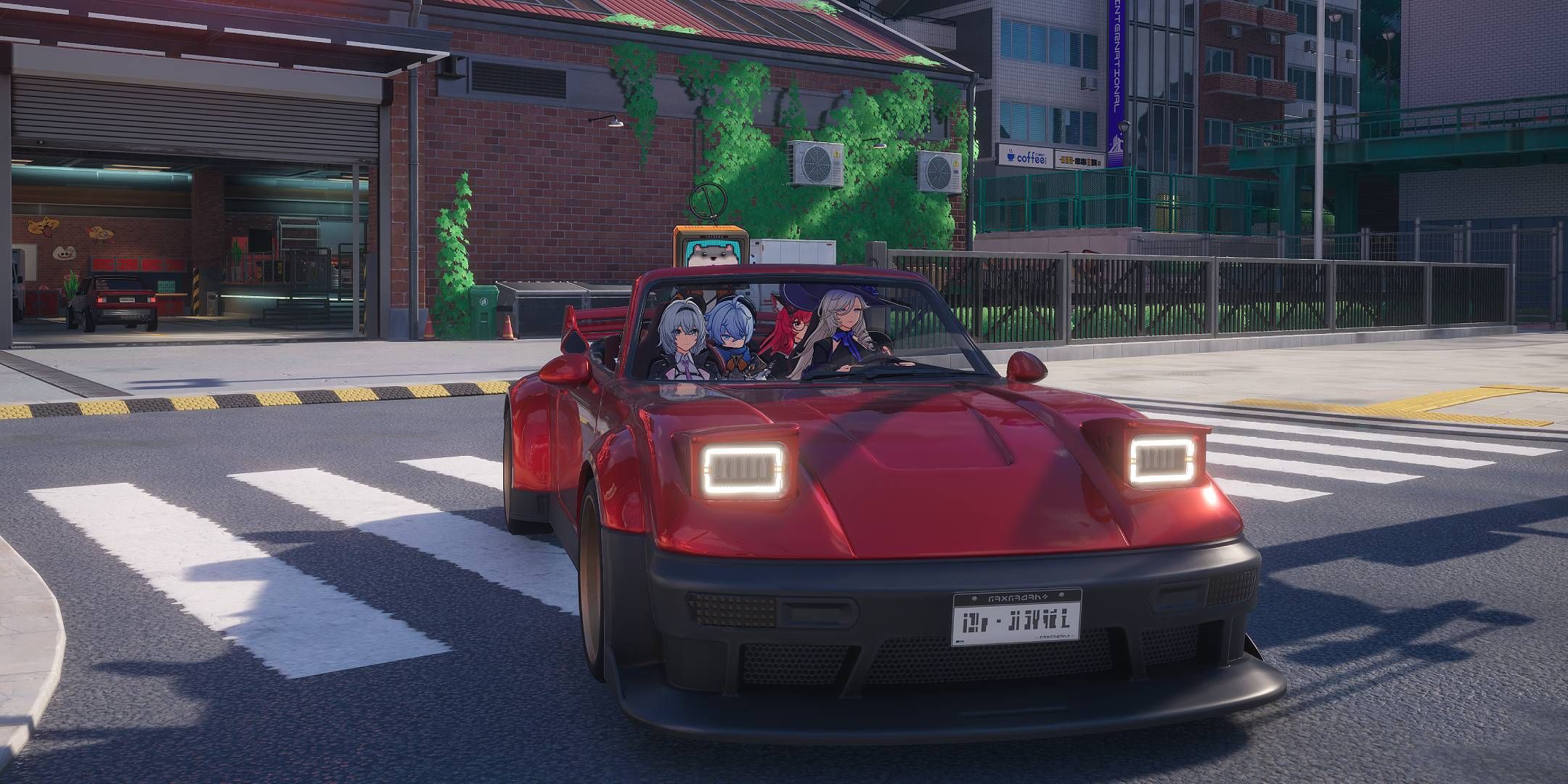 Neverness To Everness, several characters in a red car.