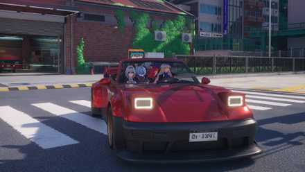 Neverness To Everness, several characters in a red car.
