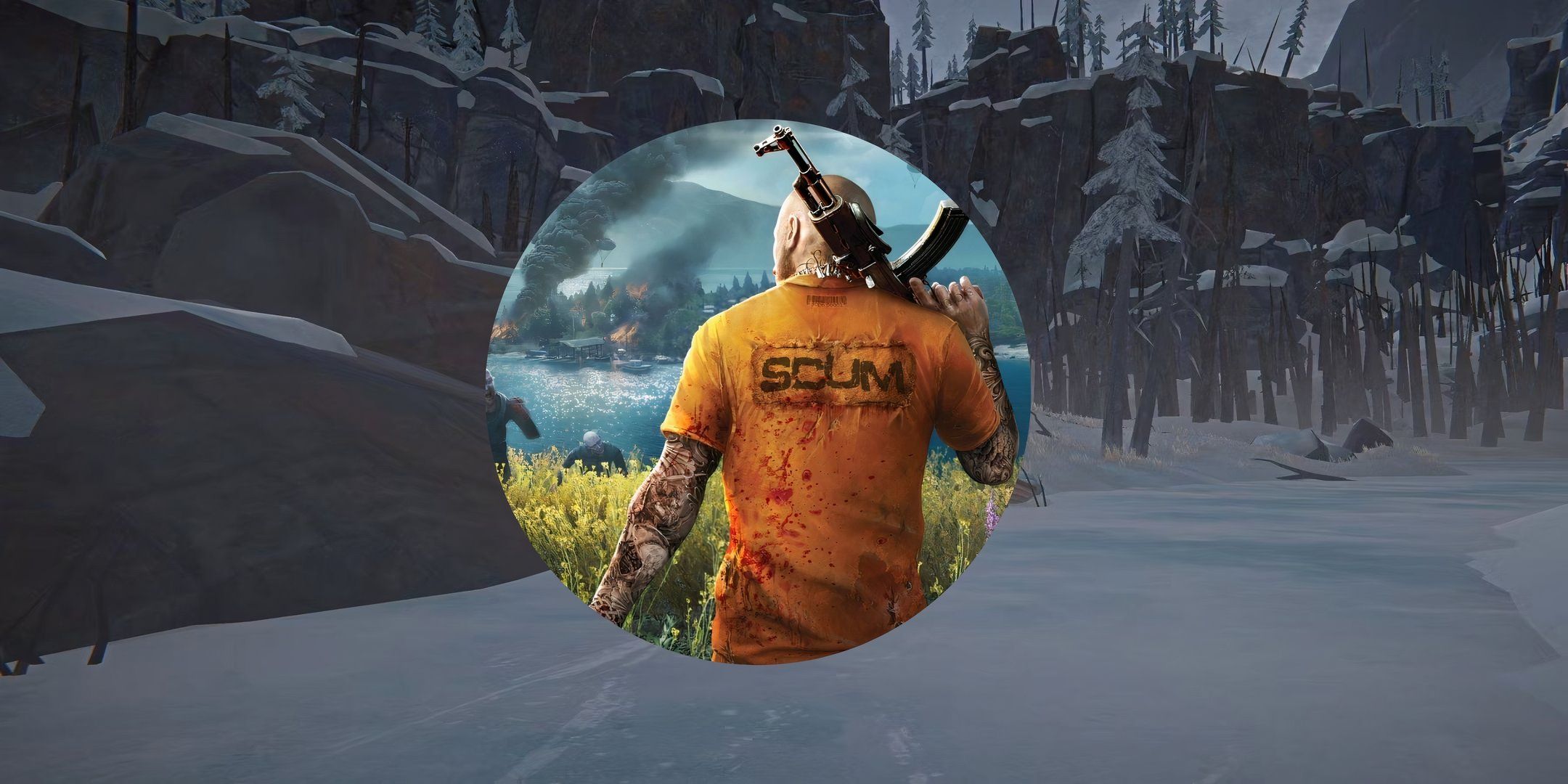 A prisoner of SCUM standing in front of a winter wasteland.