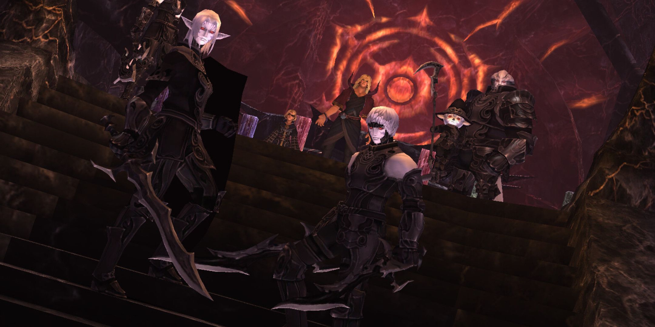 Several warriors in black armor stood in front of a menacing red gate.