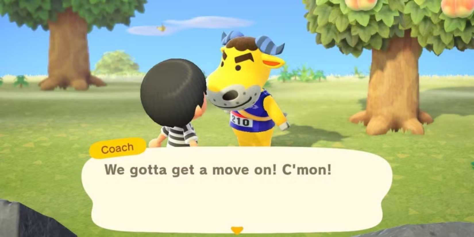 Talking to Coach beside some trees in Animal Crossing New Horizons.