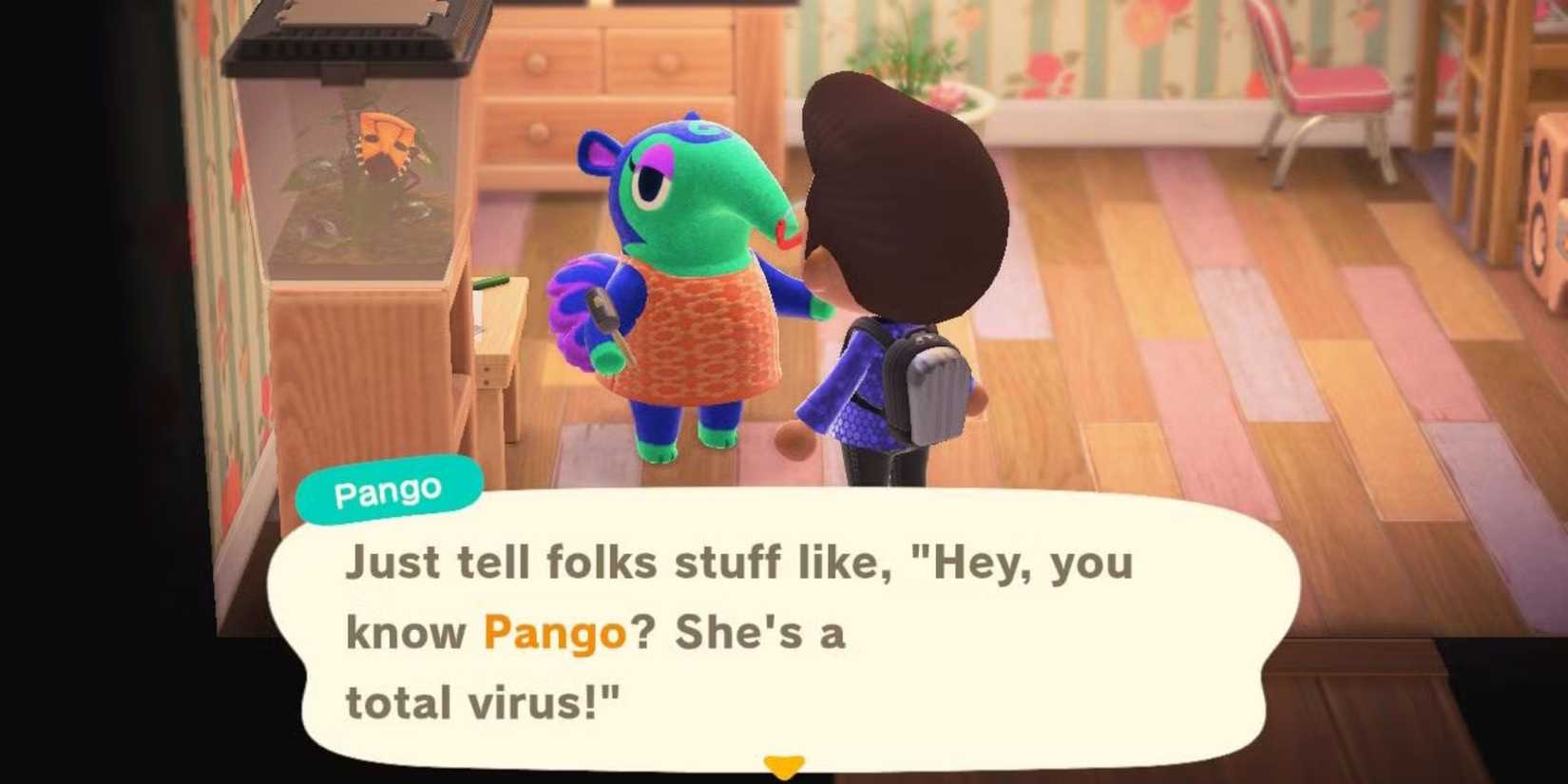 Talking to Pango in her house in Animal Crossing New Horizons.
