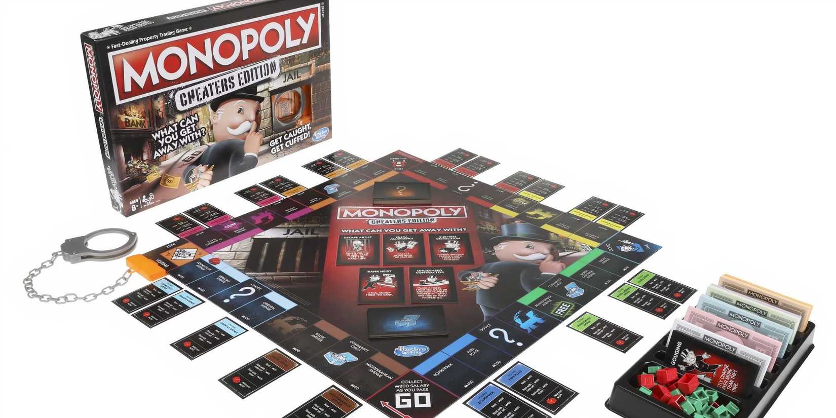 Cheater's edition of Monopoly, complete with a set of handcuffs attached to the board.