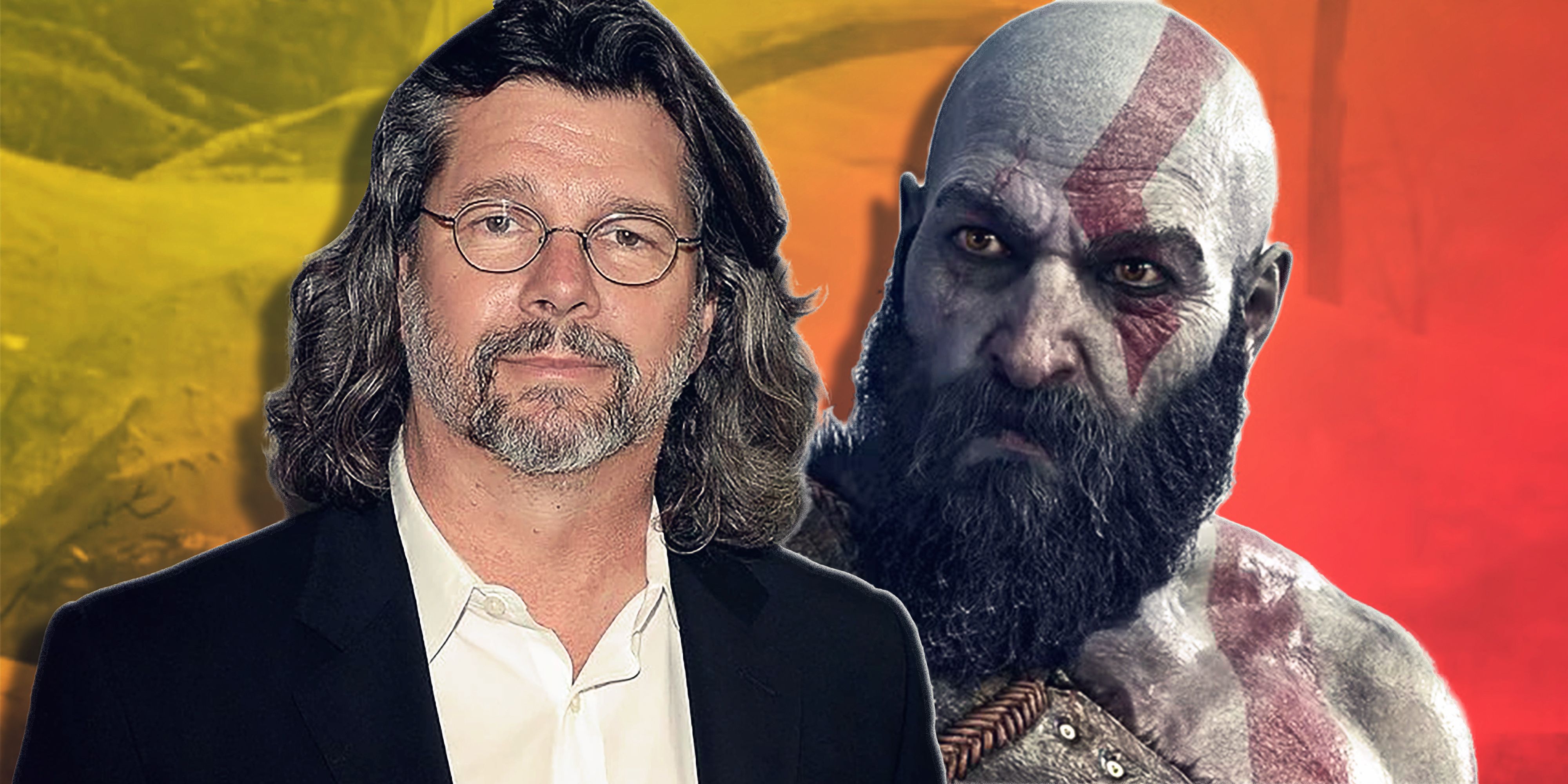Shared image of God of War Amazon Prime Video showrunner Ronald D. Moore and Kratos.