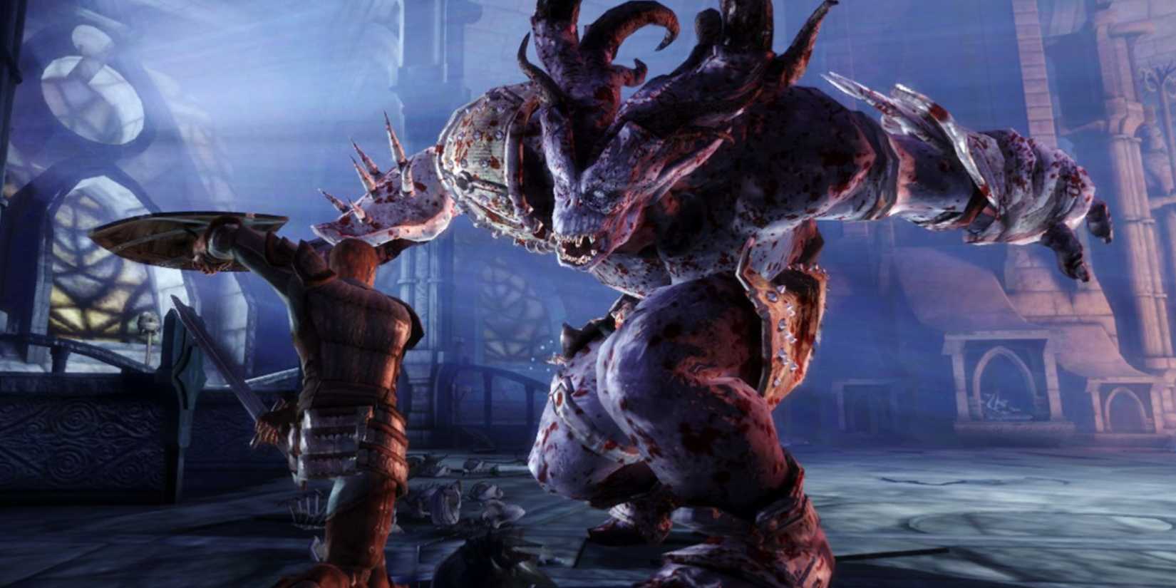 A knight fighting a large troll in Dragon Age Origins.