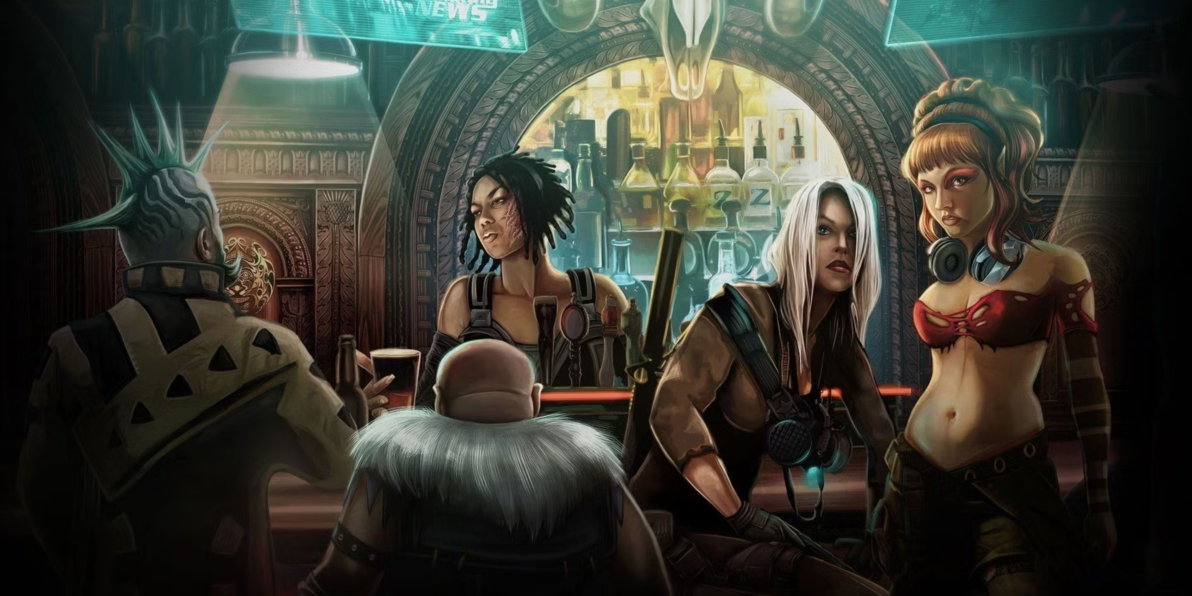 Bar scene on the Shadowrun TTRPG box