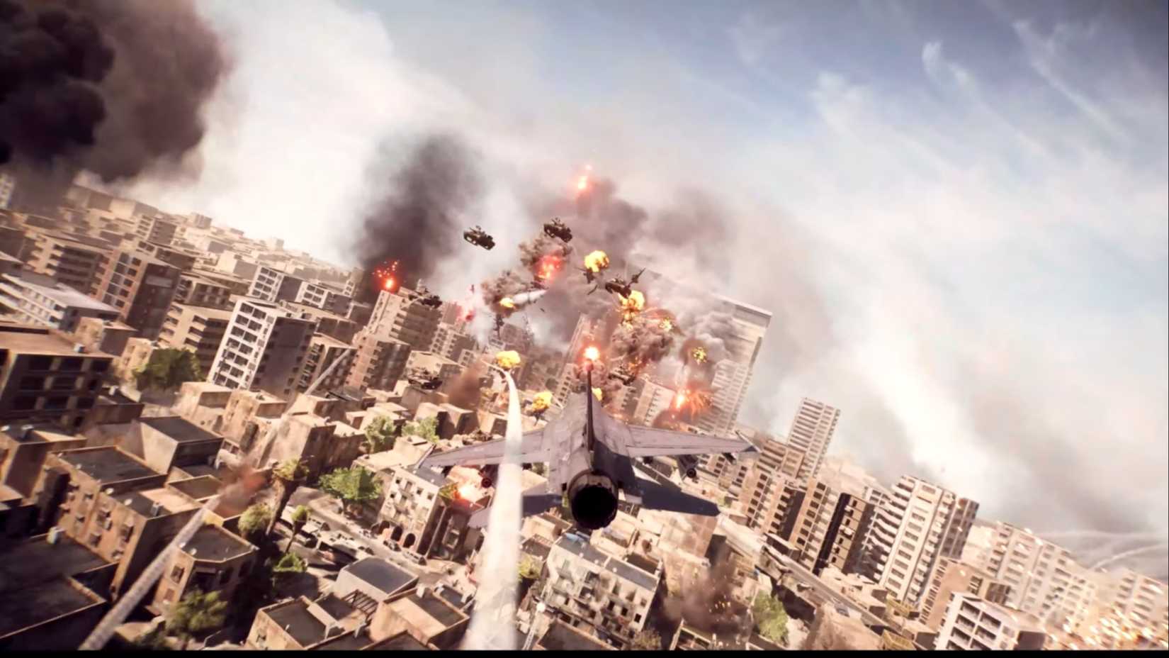 A look at Battlefield 6's Portal Mode, showcasing a jet flying toward a fleet of airborne tanks.