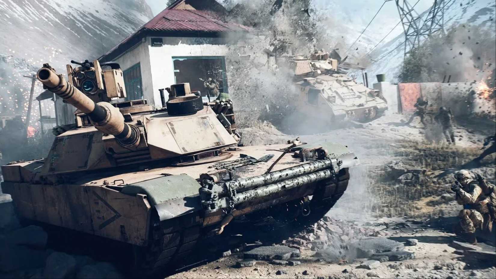 Tanks barreling through a small building in Battlefield 6.