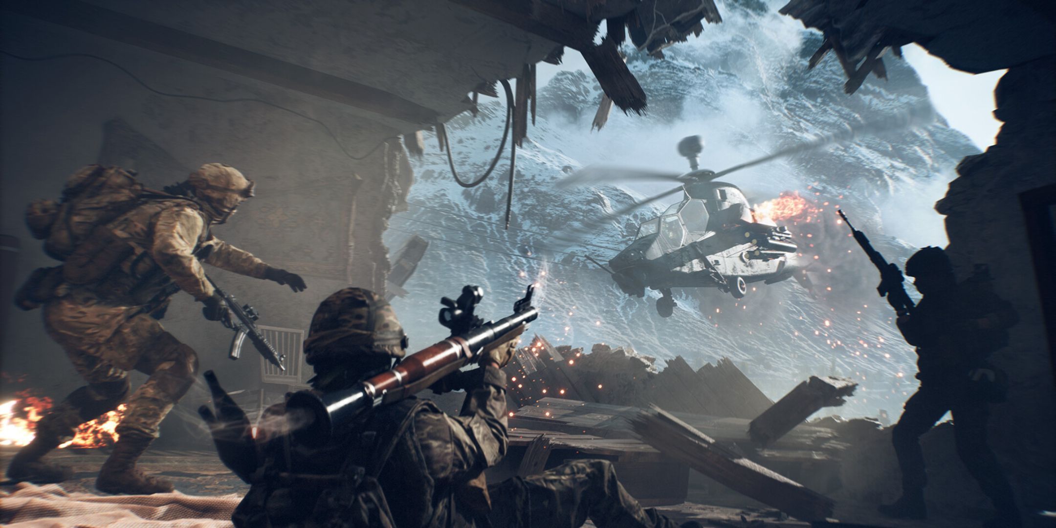 A helicopter about to shoot through a hole in the wall in Battlefield 6.