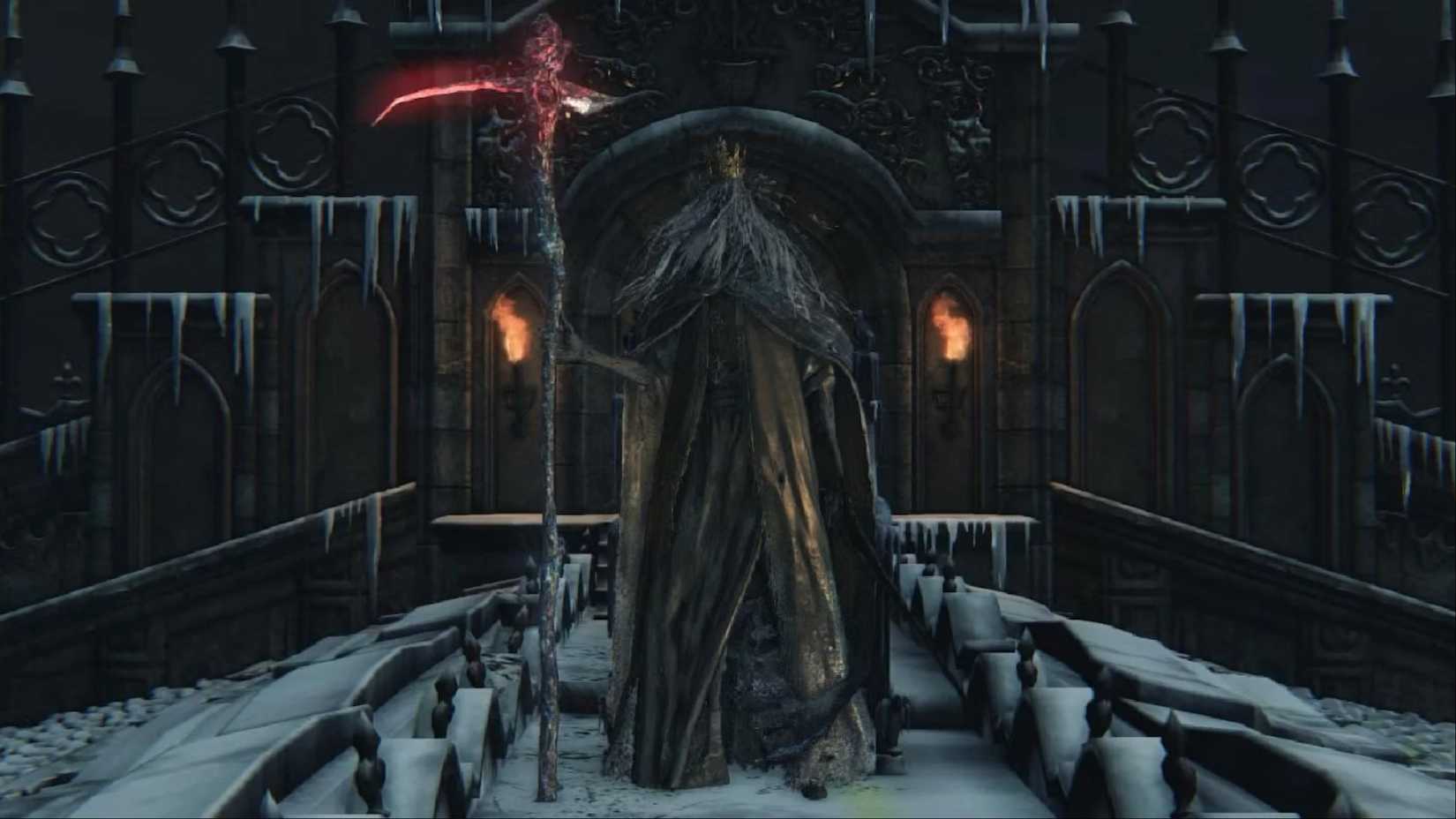 Martyr Logarius waits at Kenhurst Castle with his scythe drawn on the Bloodborne.