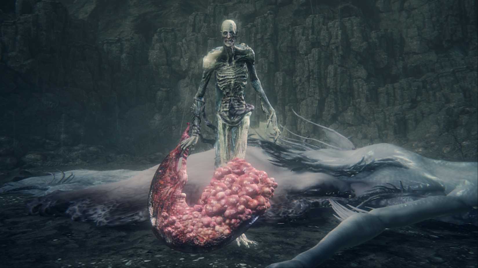 The Orphan of Kos walking toward the camera, wielding his placenta as a weapon in Bloodborne: The Old Hunters.