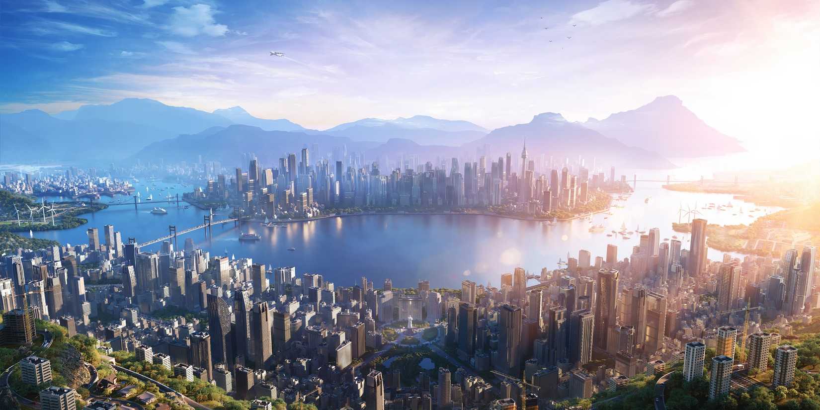 An aerial view of the city from Cities Skylines