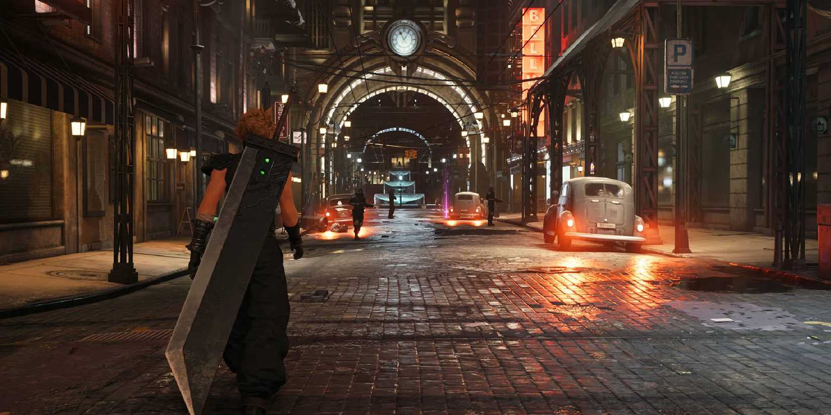 Cloud Strife walking through Midgar Sector 1 in Final Fantasy 7 Remake on Switch 2.