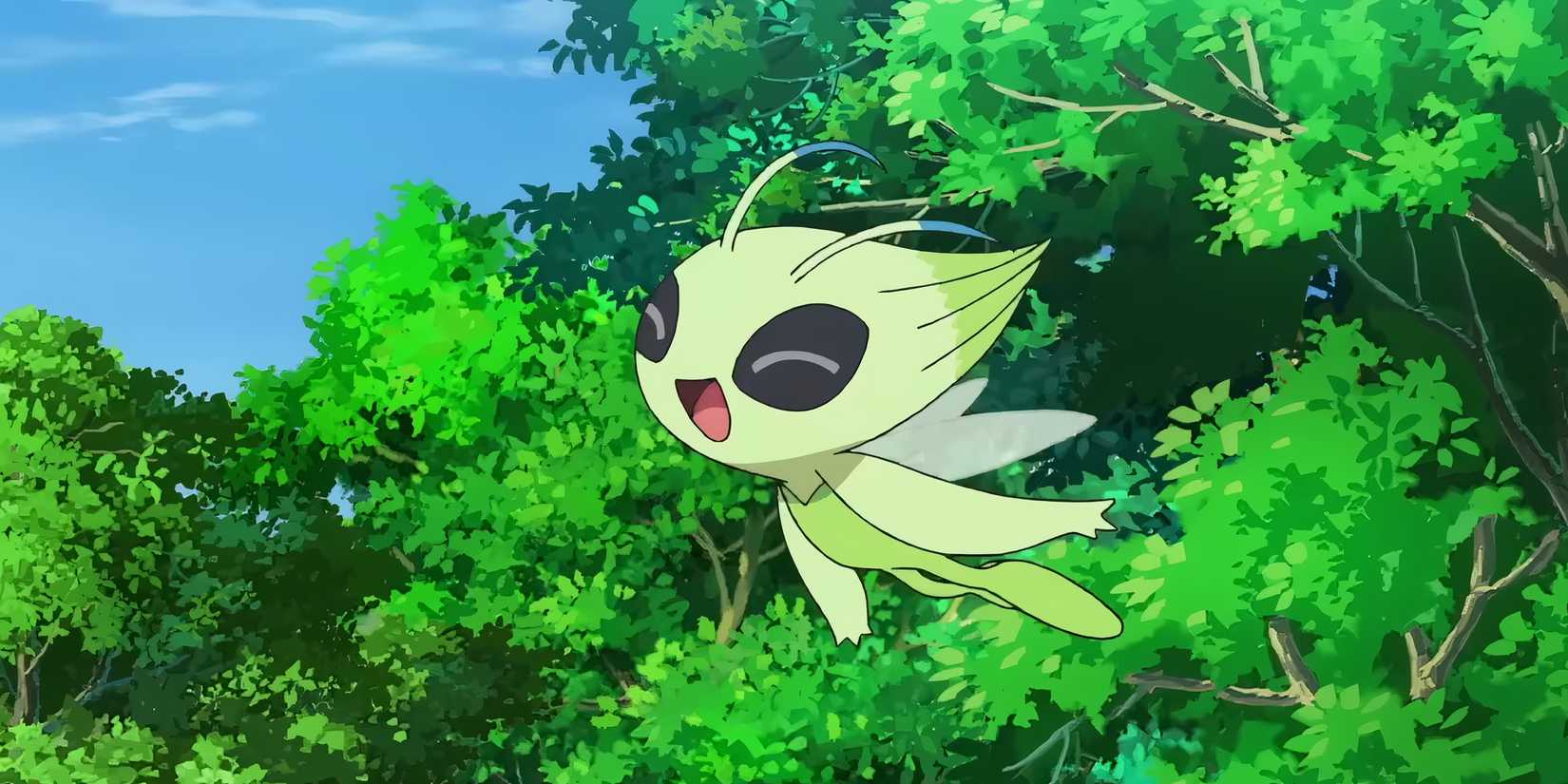 A smiling celebi flying in front of trees.