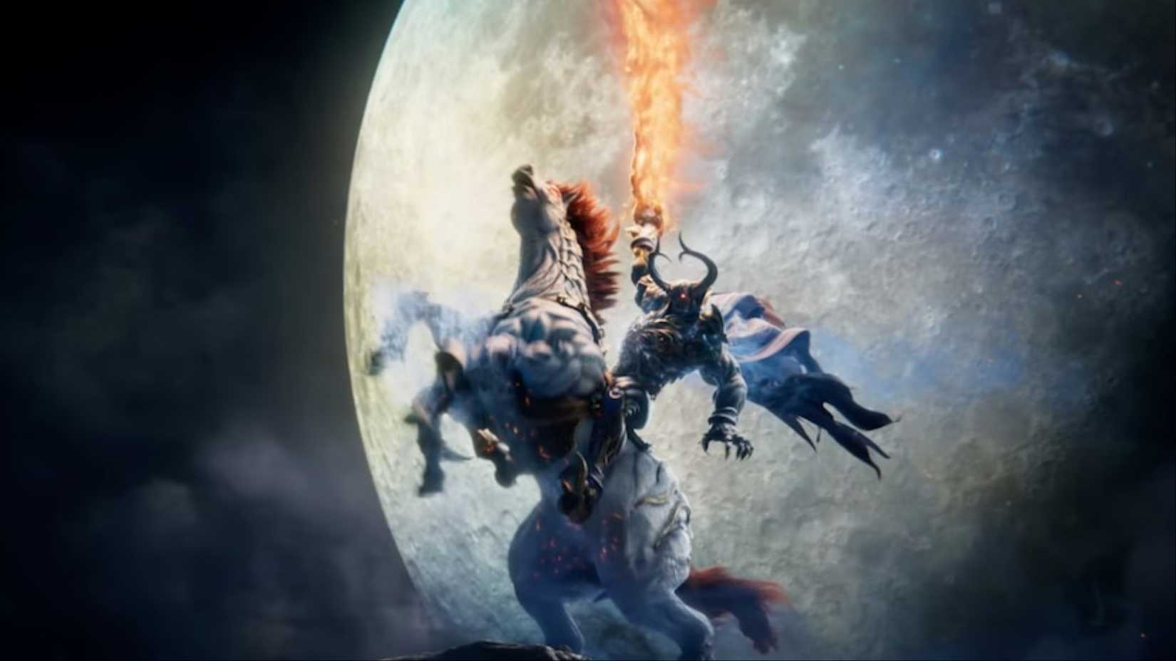 Odin raises his ZantetSuken high in the air as he went on his reliable steed in front of a full moon in Crisis Core: Final Fantasy 7 Reunion.