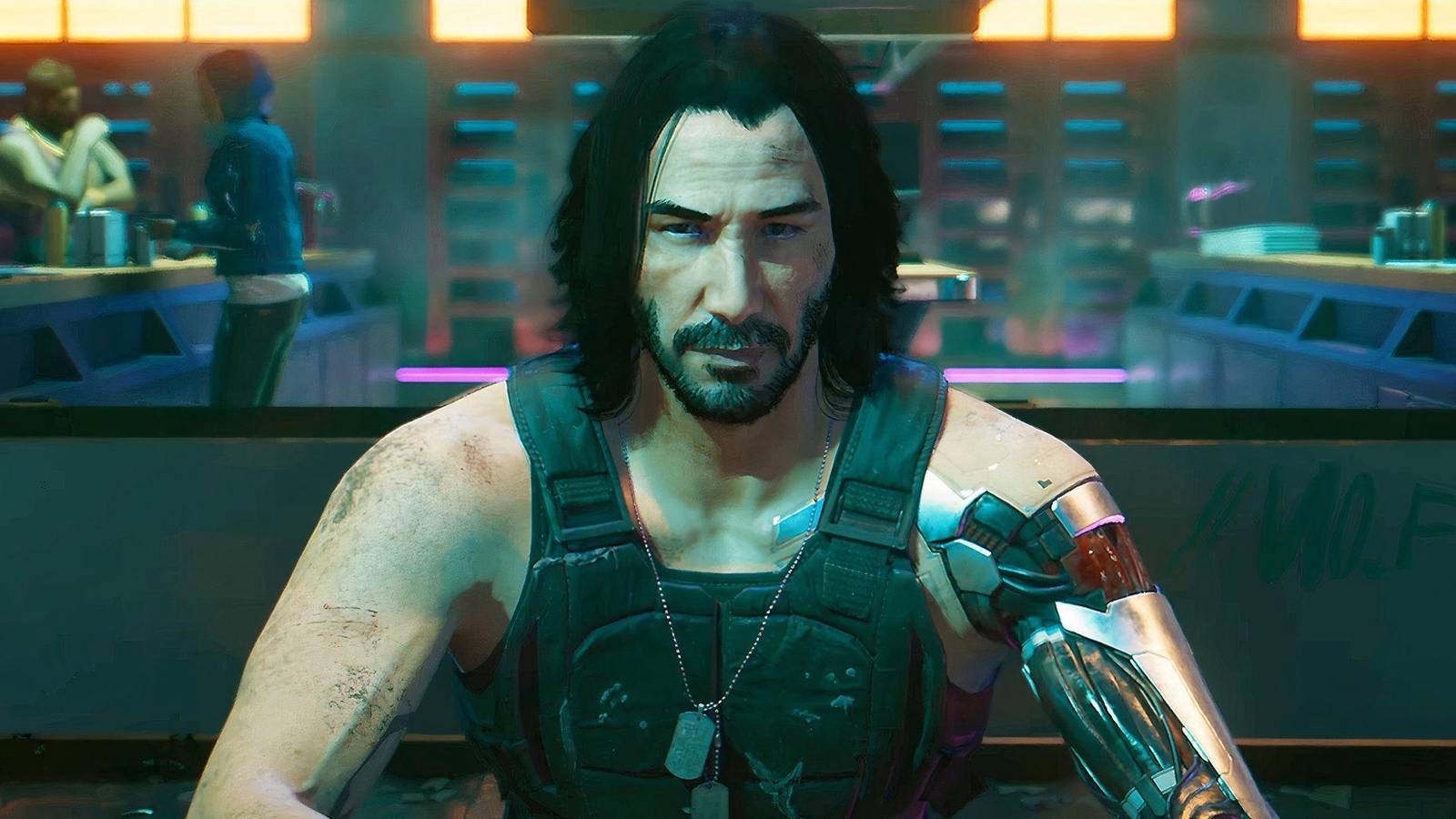 johnny silverhand sitting in a diner.