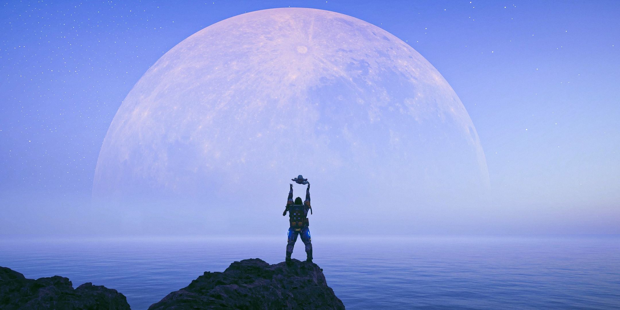 Sam from Death Stranding 2 blows up his baby in front of a beautiful sea with a gigantic moon hanging in the sky.