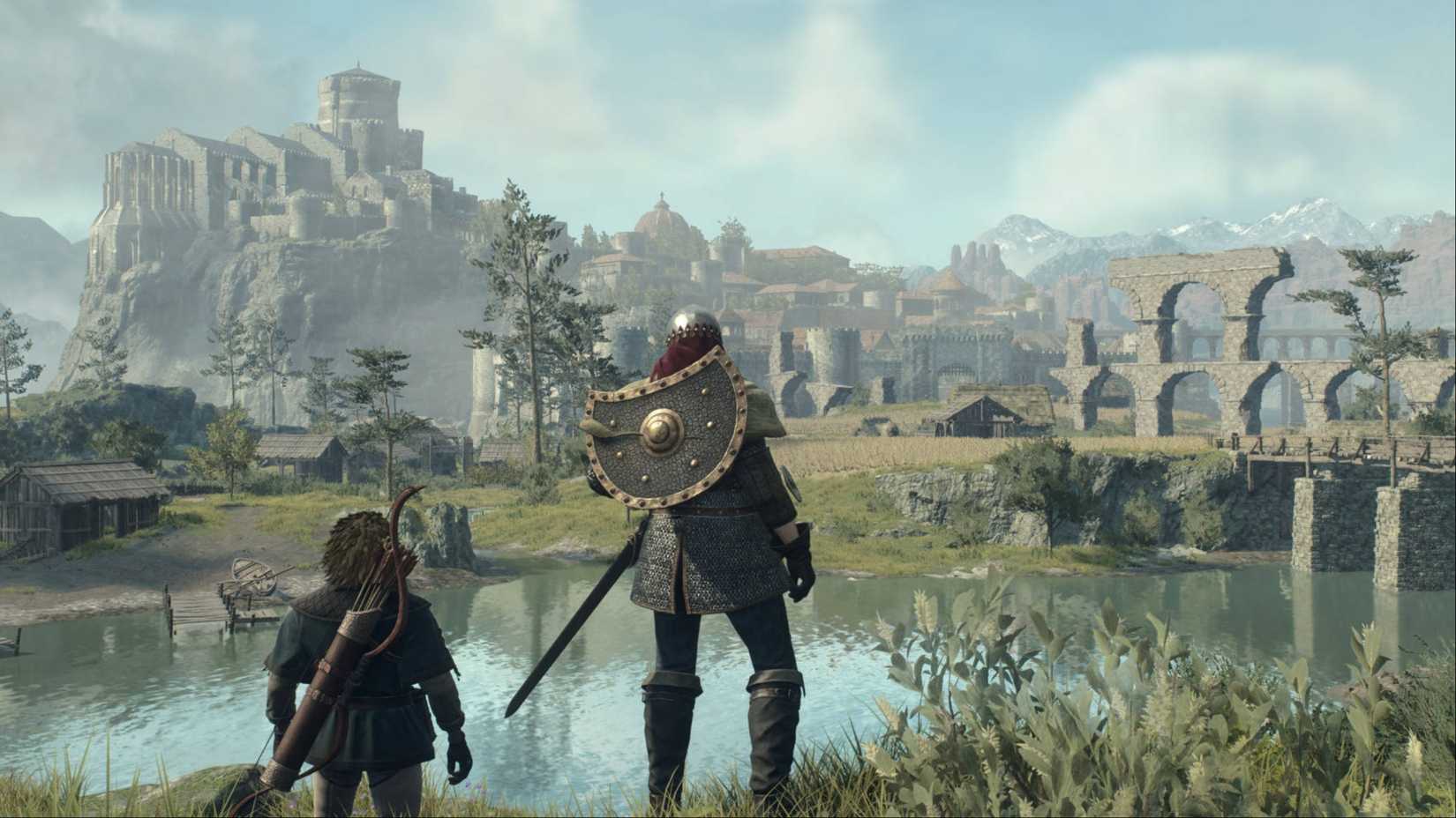 The Arisen and their Pawn looking across a calm river at a kingdom in Dragon's Dogma 2.