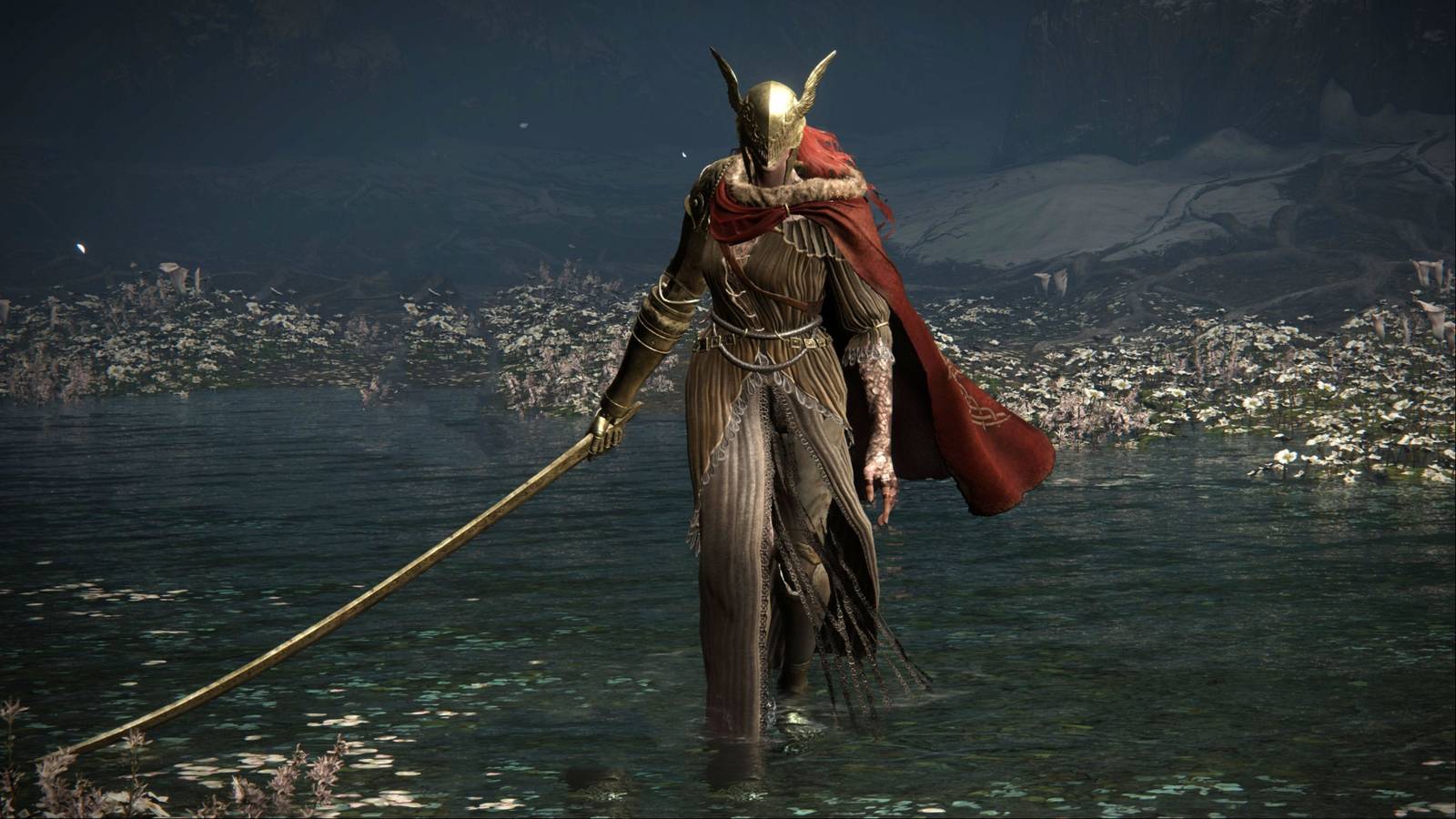 Malenia, Blade of Miquella, walking toward the camera with her massive katana drawn in Elden Ring.
