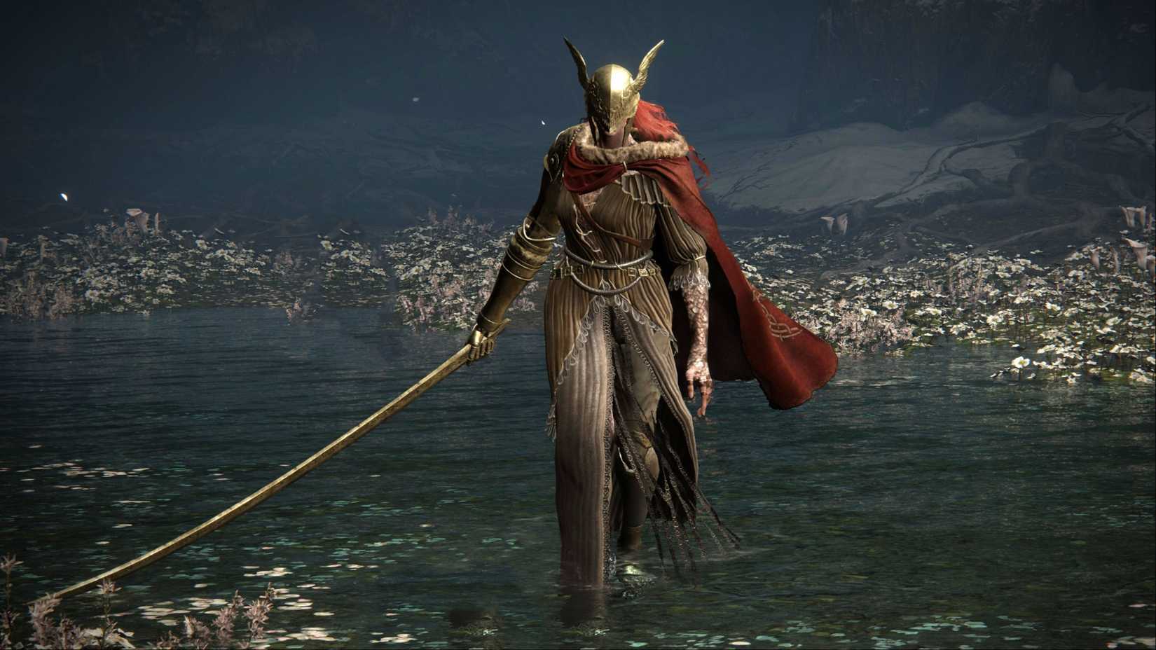 Malenia, Blade of Miquella, walking toward the camera with her massive katana drawn in Elden Ring.