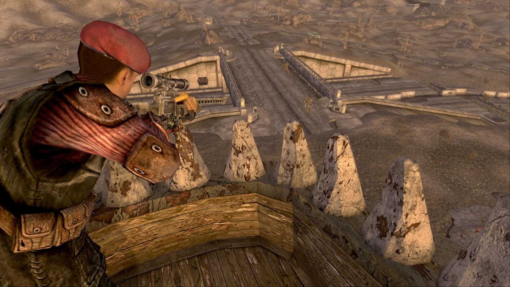 Craig Boon scoping in on a wanderer with his sniper rifle from his sniper's nest located in the mouth of Dinky the T-Rex in Fallout: New Vegas. 