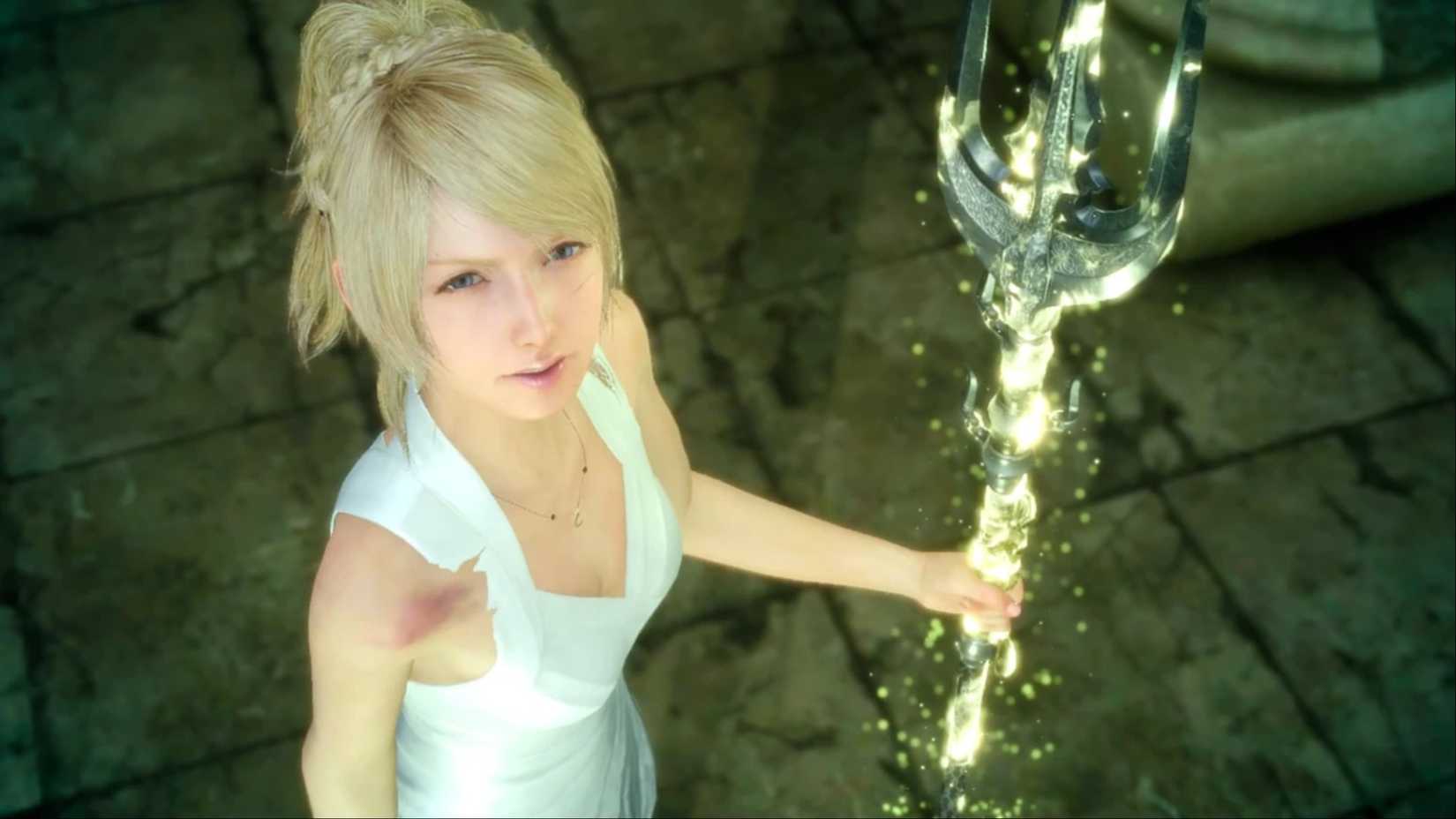 A wounded Lunafreya Nox Fleur that practices the Trident of Oracle in Final Fantasy 15.
