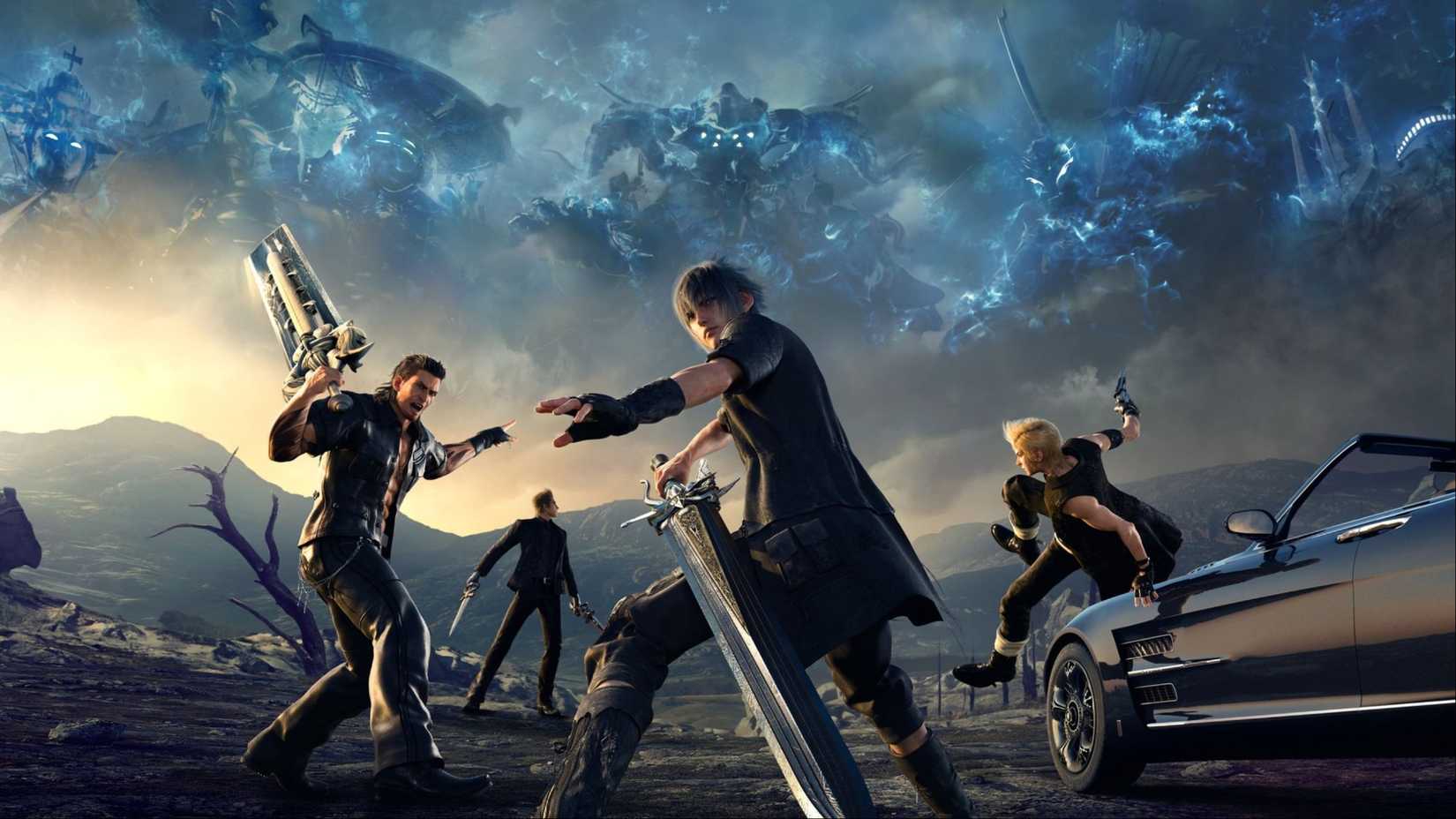 The main cast of Final Fantasy 15 goes on an adventure and poses in front of their Regalia car.
