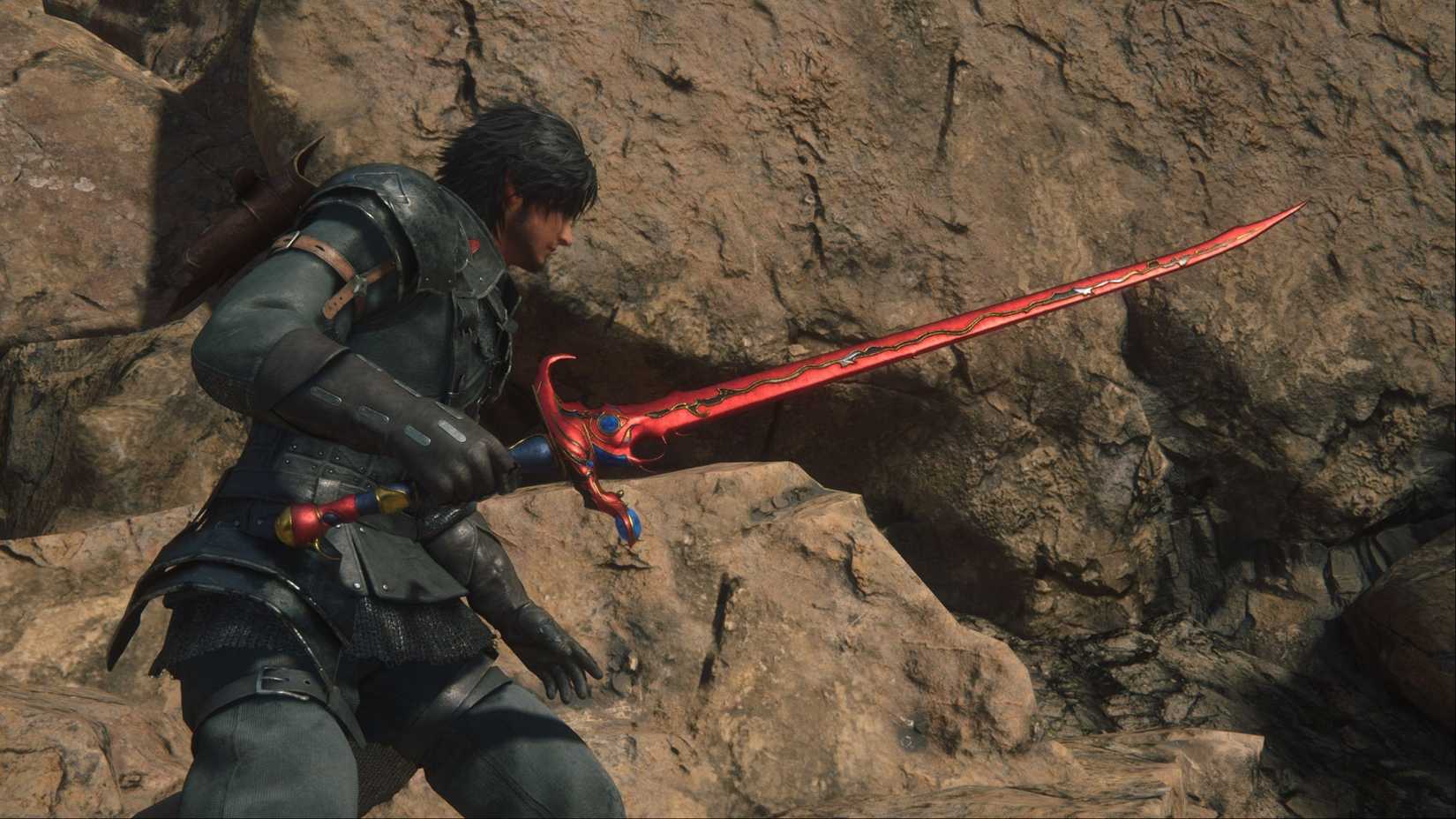 Clive Rosfield with the blood value and shows its light red steel with dark blue highlights in Final Fantasy 16.