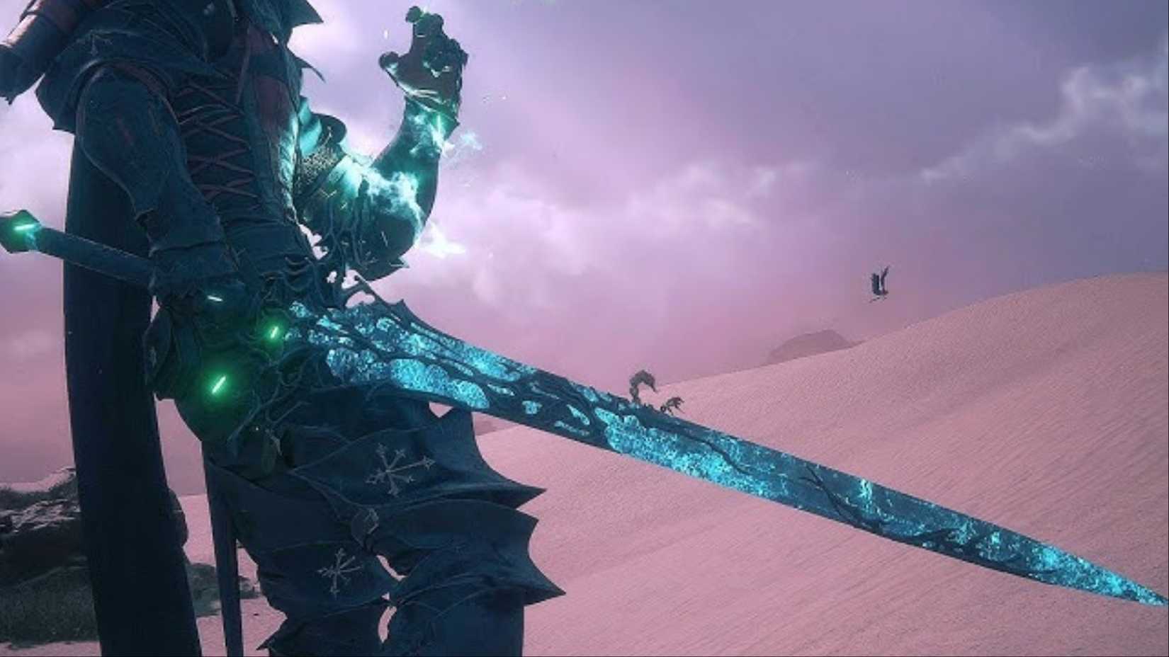 Clive Rosfield with the Ultima weapon in the big deserts in Final Fantasy 16.
