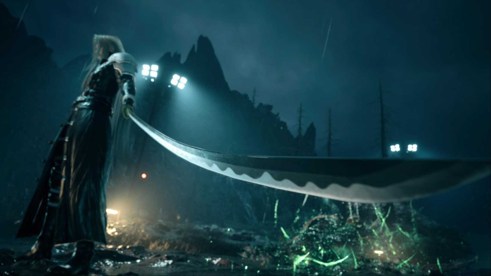 Sephiroth unsheathing his Masamune before entering combat, revealing its massive size in Final Fantasy 7 Rebirth.