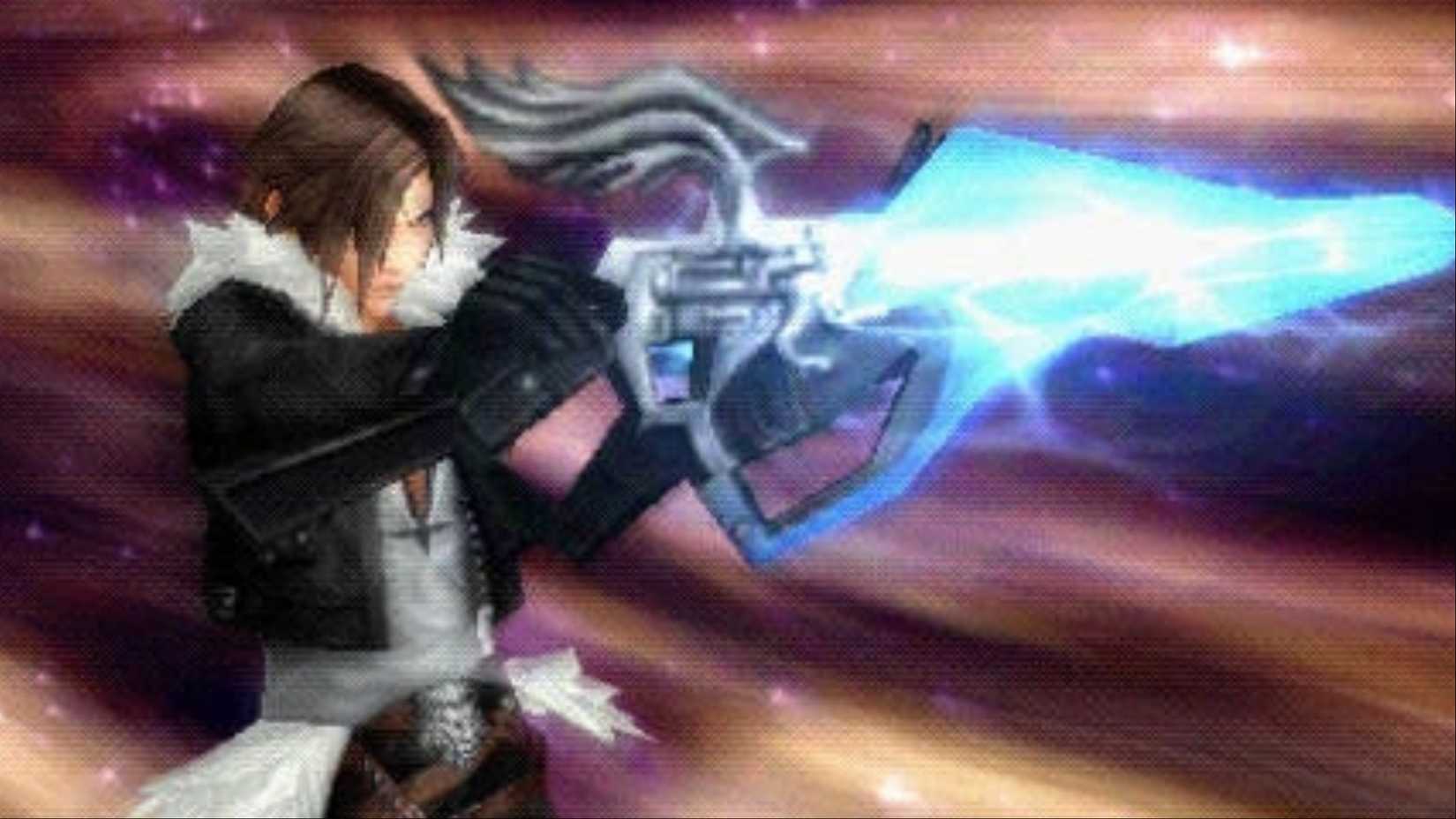 Squall Leonhart charges and aims its lion's heart pistol on its goal in Final Fantasy 8.