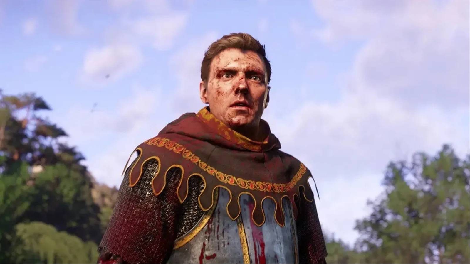 An image showing Henry of Skalitz standing in an open field with a petrified expression on his face covered in blood in Kingdom Come: Deliverance 2.