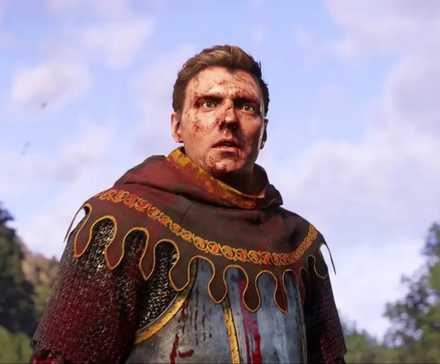 An image showcasing Henry of Skalitz standing in an open field with a petrified look on his face, covered in blood, in Kingdom Come: Deliverance 2.
