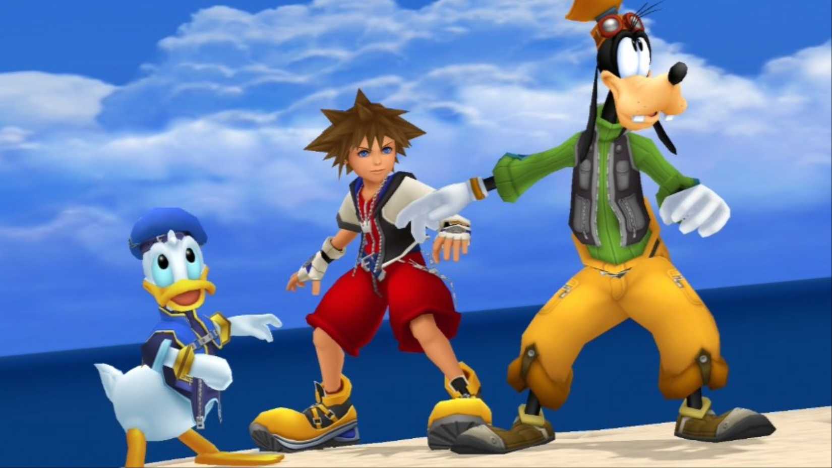 (Left to right) Donald Duck, Sora and Goofy prepare for battle in Kingdom Hearts.