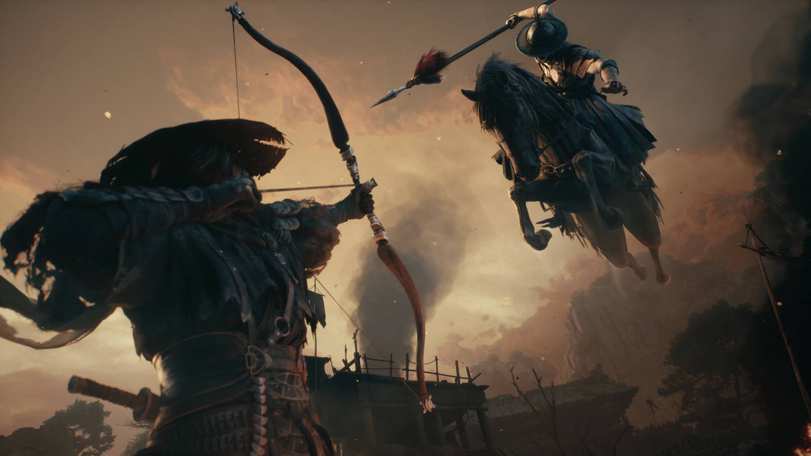 phantom blade zero protagonist firing an arrow at a jumping cavelry on a horse.