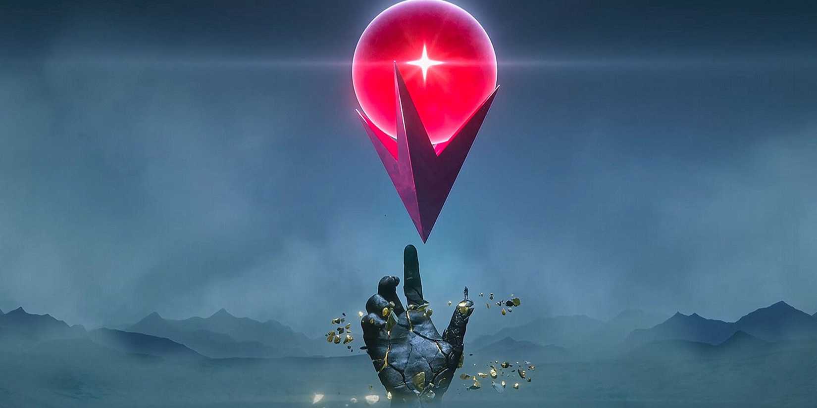 light no fire key art crack , a stone hand reaches out into a glowing red orb in the night sky.