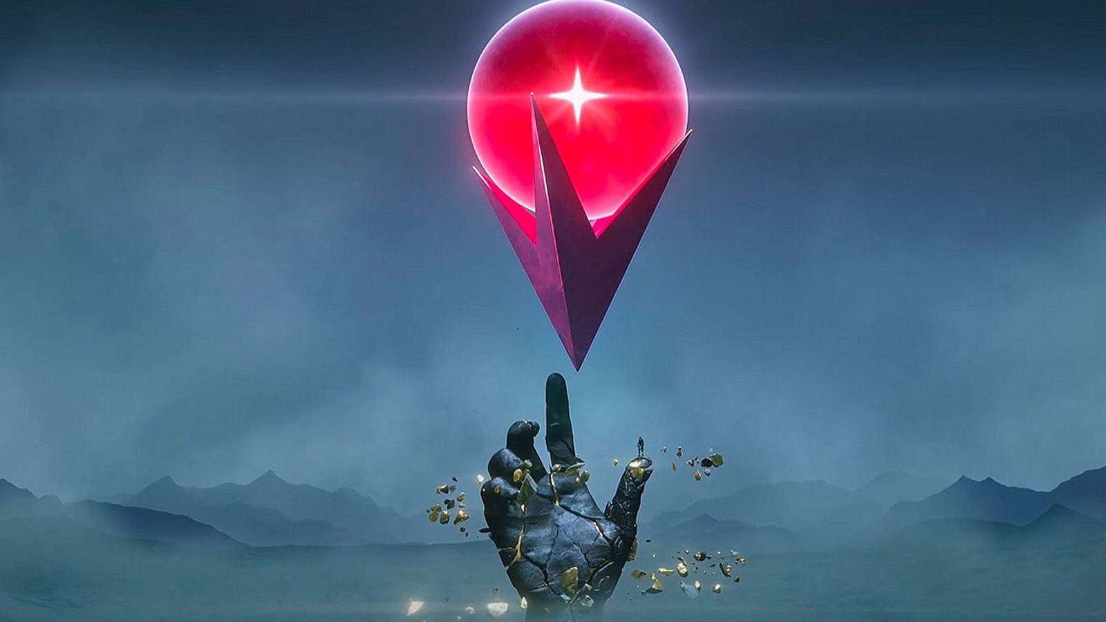 Light No Fire key art of a cracked, stone hand reacdhing up to a glowing red orb in the night sky.