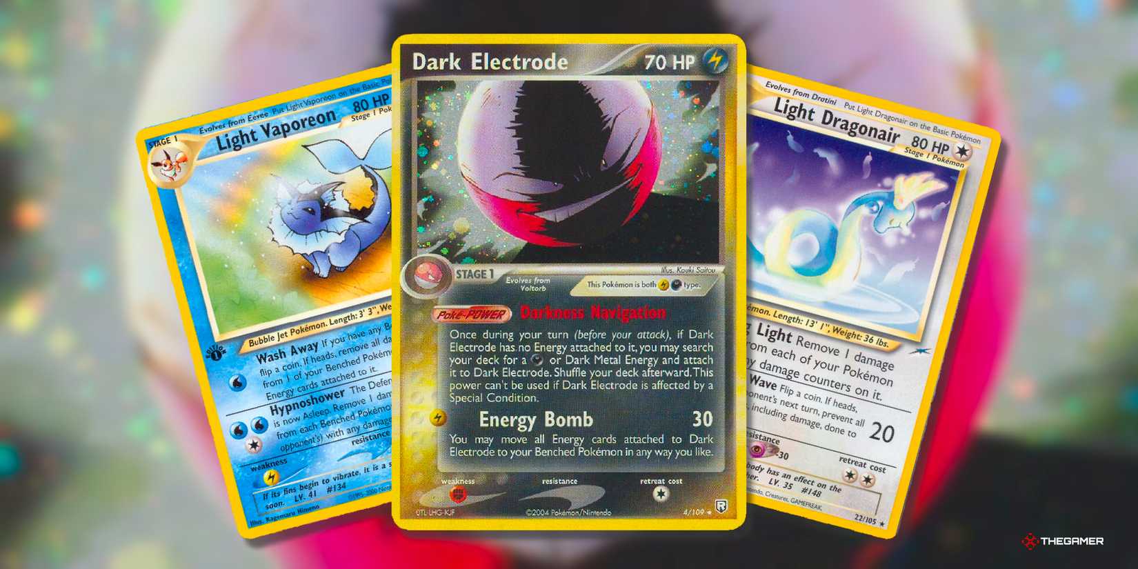 Light Vaporeon, Dark Electrode and Light Dragonair cards from different era Pokemon TCG.
