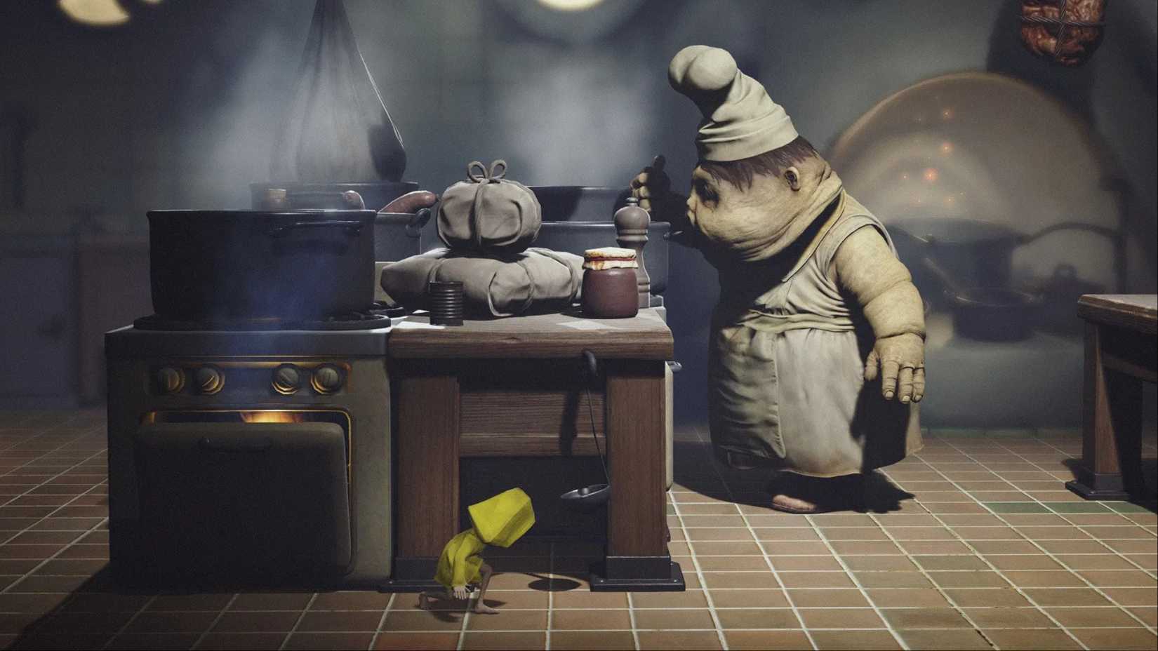 Little Nightmares has six people sneaking into the kitchen next to a chef.