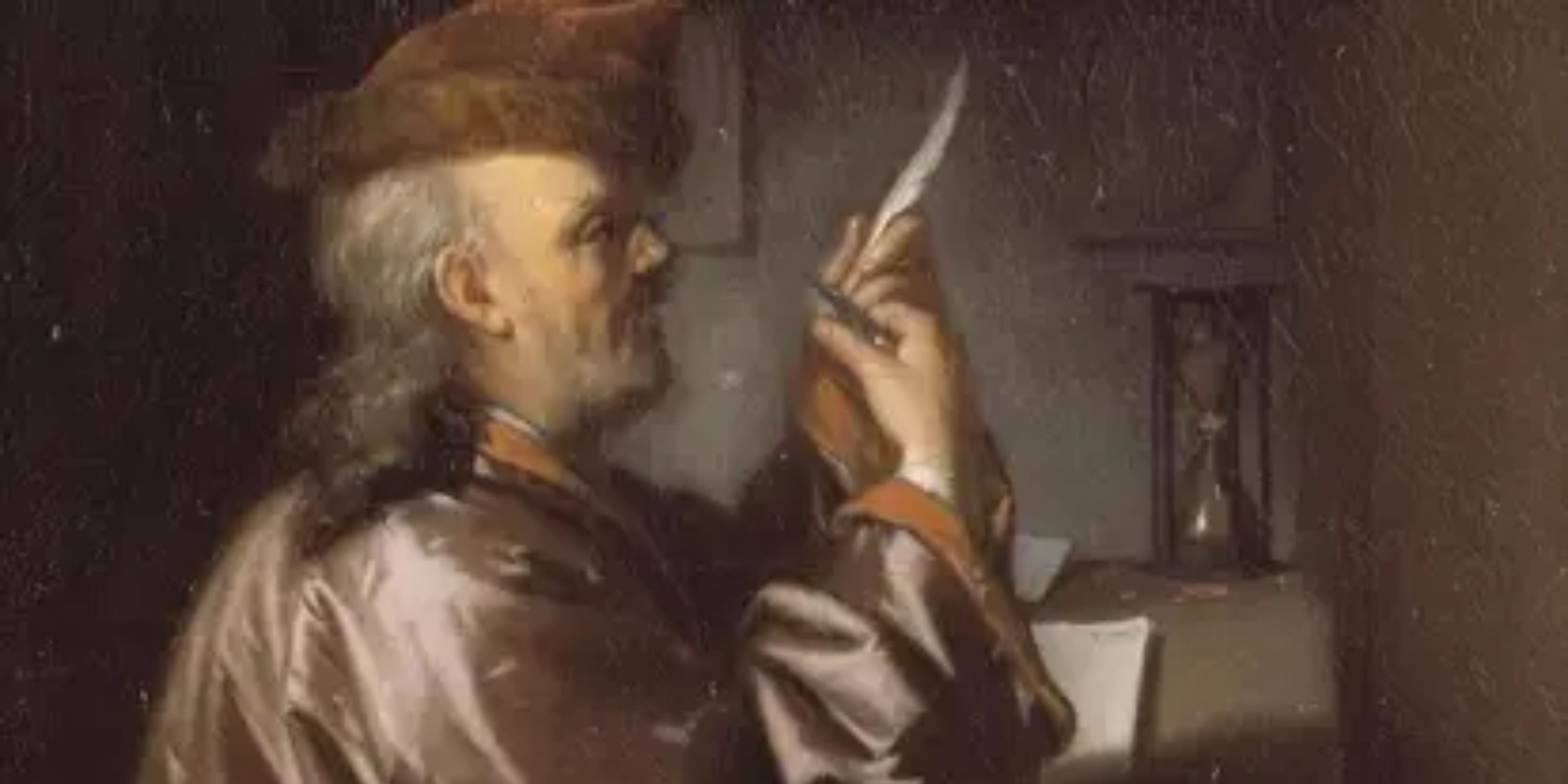 Man holding a quill in Quill TTRPG box art