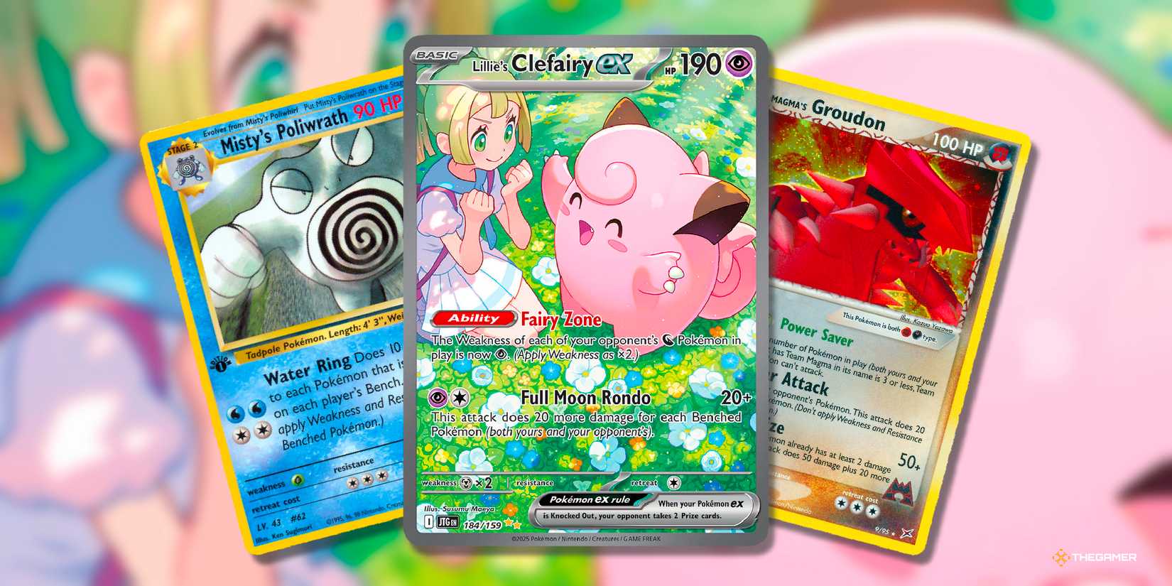 Misty's Poliwrath, Lillie's Clefair Ex and Team Magma's Groudon Groudon Trainer Coach Card from various times Pokemon TCG.