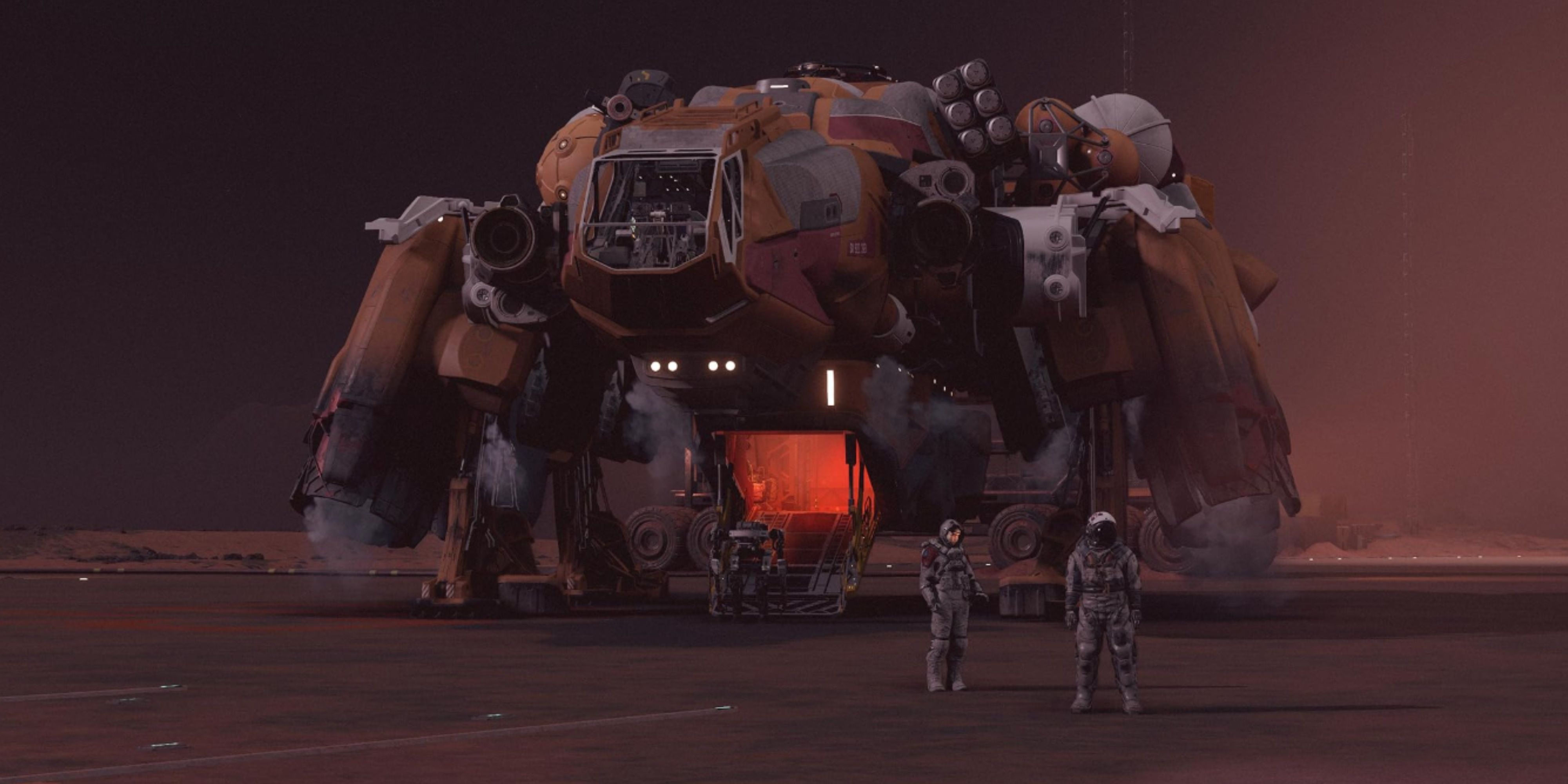 astronauts standing outside of their ship in starfield.